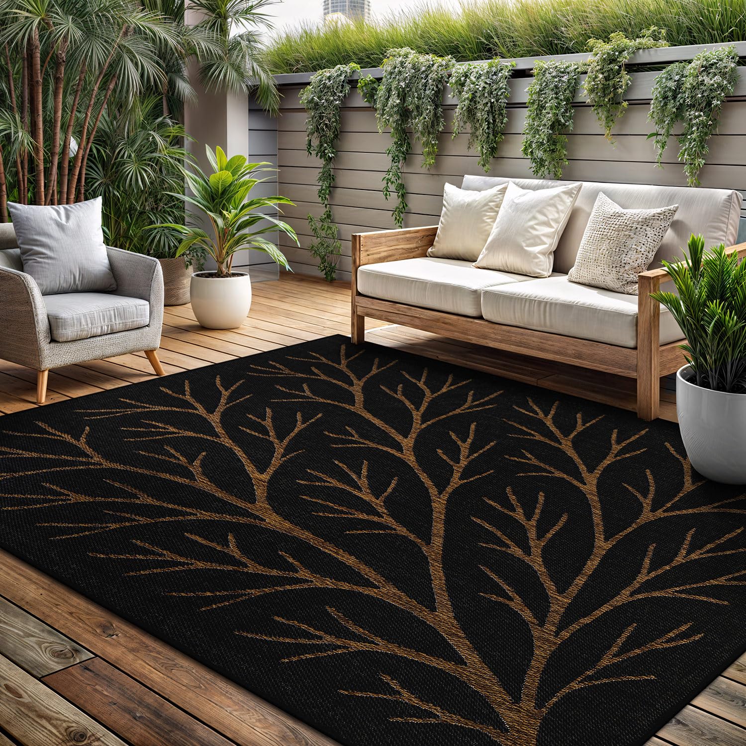 Washable Indoor Outdoor Rug 6x9 Modern Area Rugs Branch Pattern Non Shedding Waterproof Easy Clean Patio Deck Porch Living Room Bedroom Garden RV (6 X 9 Blue)