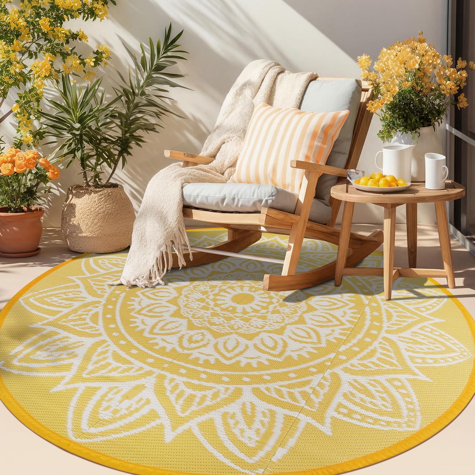 famibay 6 Ft Round Boho Outdoor Plastic Straw Rug, Waterproof, Portable, Reversible, UV-Resistant, Patio, Porch, Camping, Dark Blue
