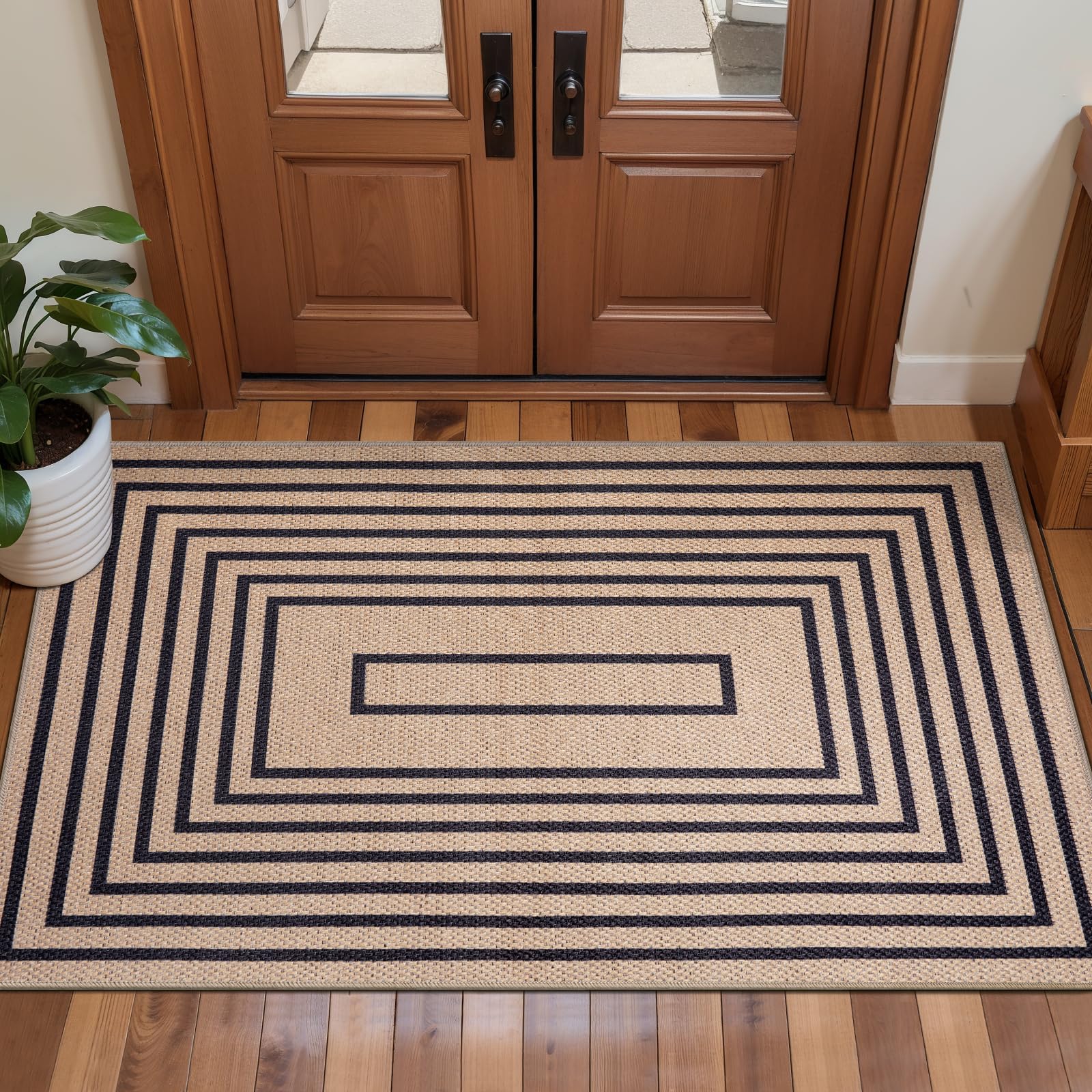 Tangsoo Rainbow Easy Jute Rug 5x7 Large Washable Area Rug for Living Room,Black Non-Slip Thin Outdoor Rug,Modern Farmhouse Indoor Carpet for Dining Room Table Bedroom Patio