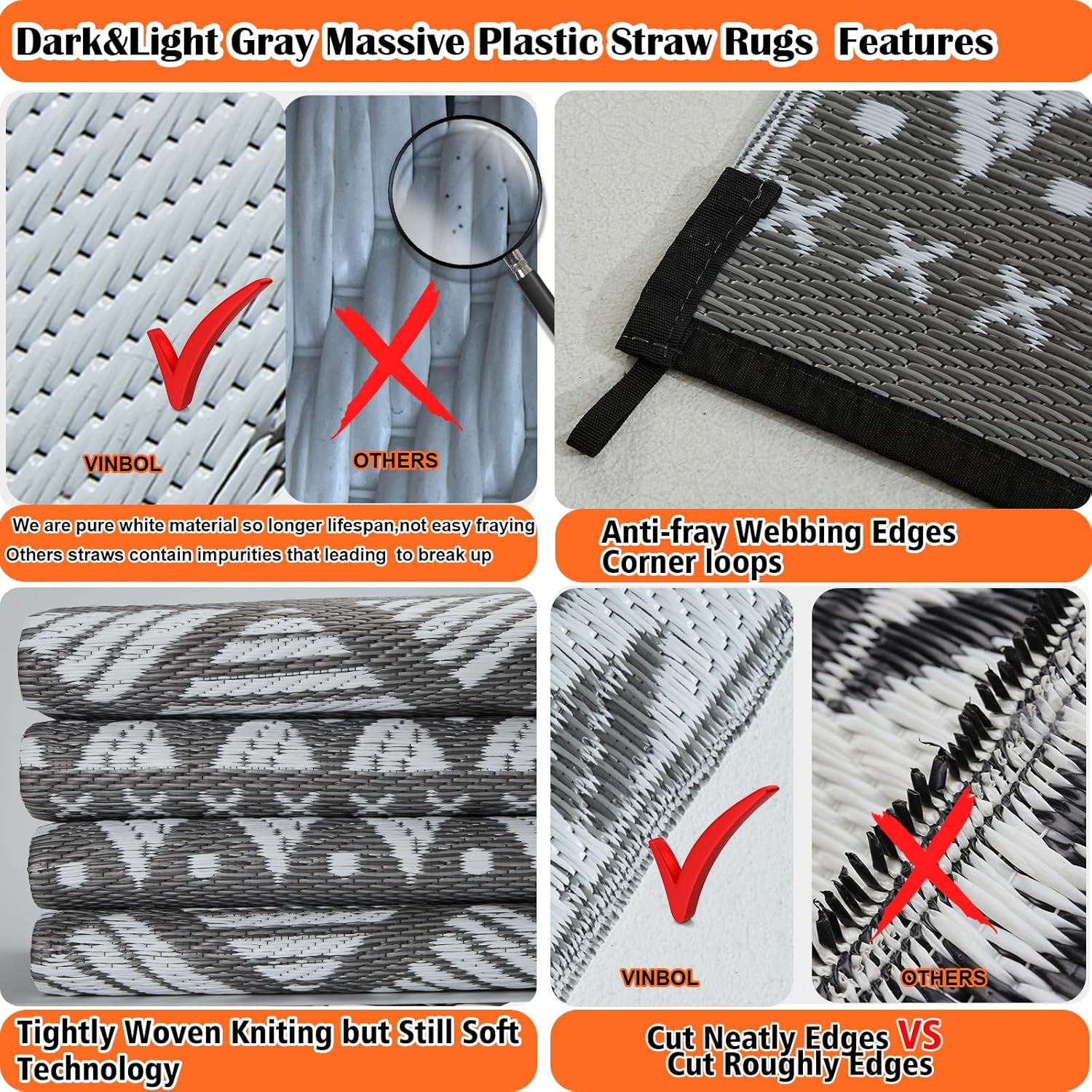 Large Rv Outdoor Rugs for Camping Outdoor Rug 10x14 Patio Waterproof 10x14 Plastic Patio Rug for Outside, Reversible Grey and White Boho Stripe Woven Mat for Deck, Porch, Camping, Balcony, RV, Yard