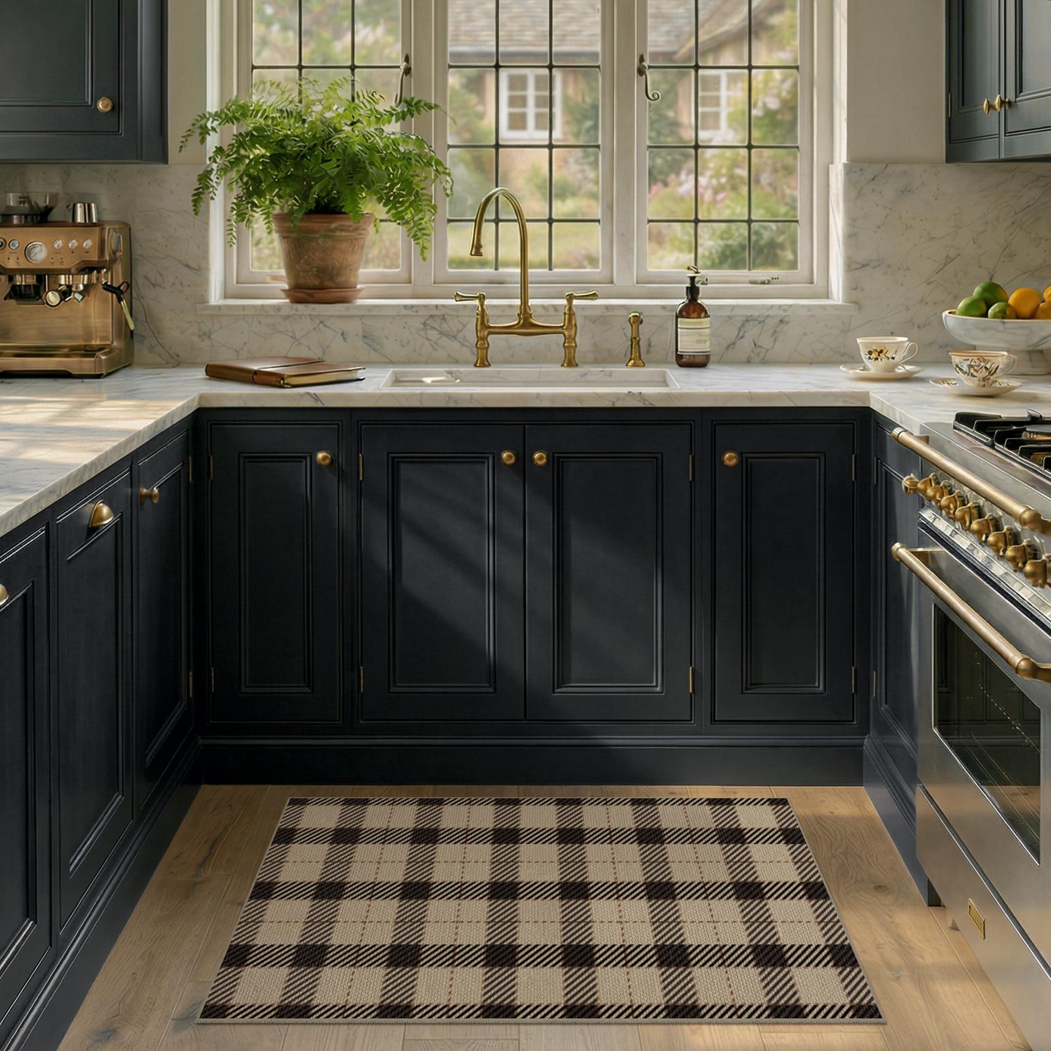 Washable Plaid Indoor Outdoor Rug 3x5 for Front Porch, Entryway, Patio, No Shed Easy Jute Non Slip TPR Backing Area Rug for Large Kitchen, Farmhouse Black & Tan Checkered Seegrass Aesthetic