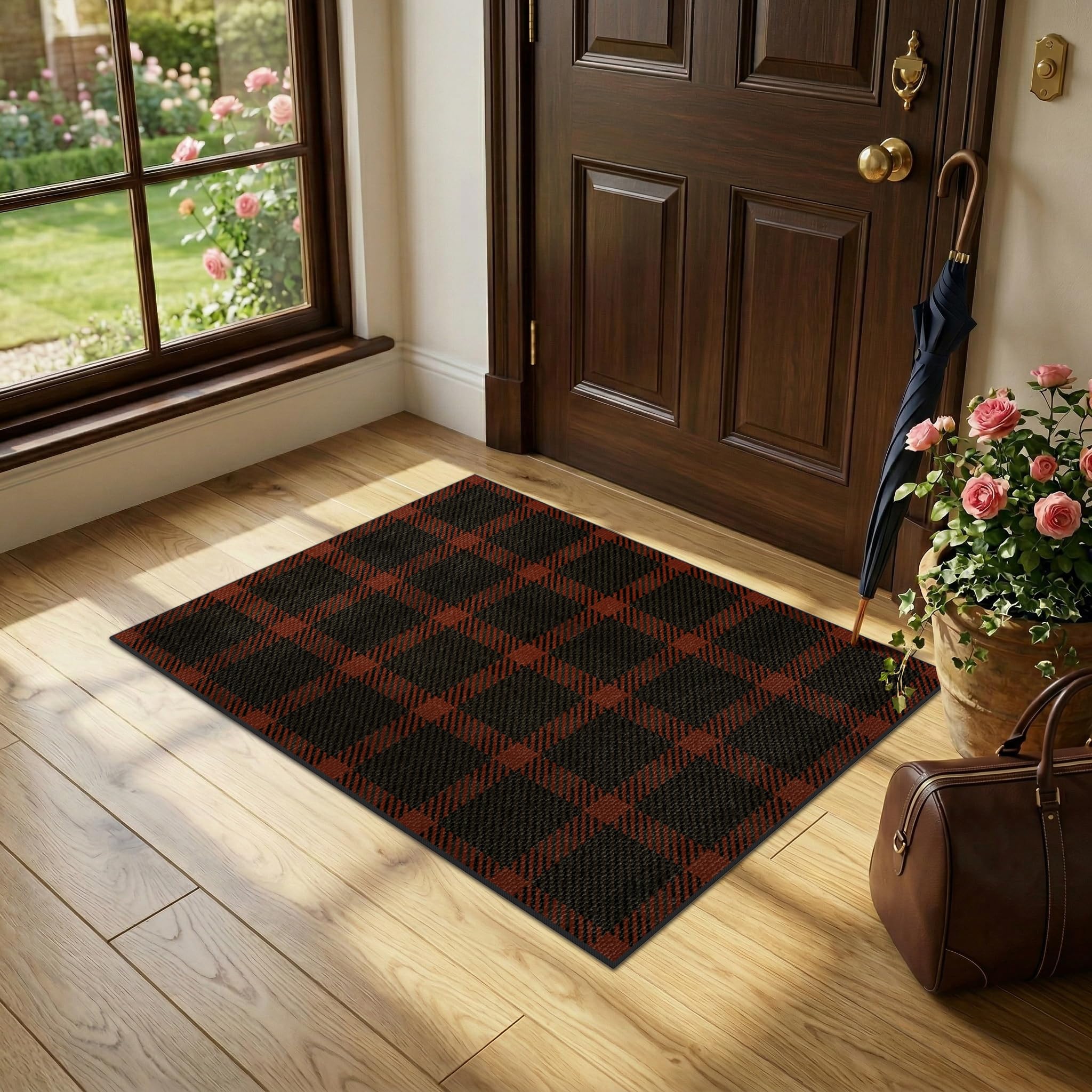 Washable Plaid Indoor Outdoor Rug 3x5 for Front Porch, Entryway, Patio, No Shed Easy Jute Non Slip TPR Backing Area Rug for Large Kitchen, Farmhouse Black & Tan Checkered Seegrass Aesthetic