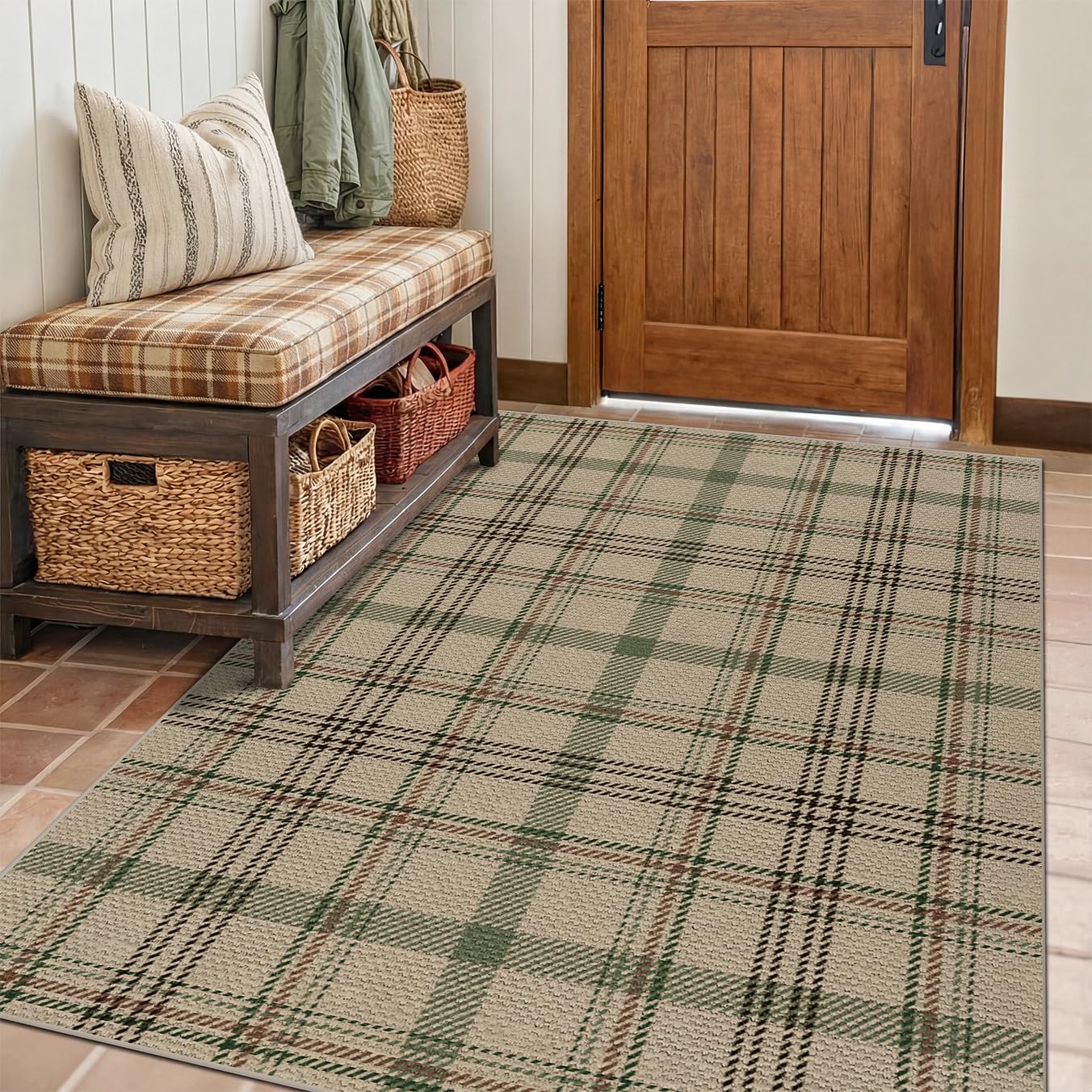 Washable Plaid Indoor Outdoor Rug 3x5 for Front Porch, Entryway, Patio, No Shed Easy Jute Non Slip TPR Backing Area Rug for Large Kitchen, Farmhouse Black & Tan Checkered Seegrass Aesthetic