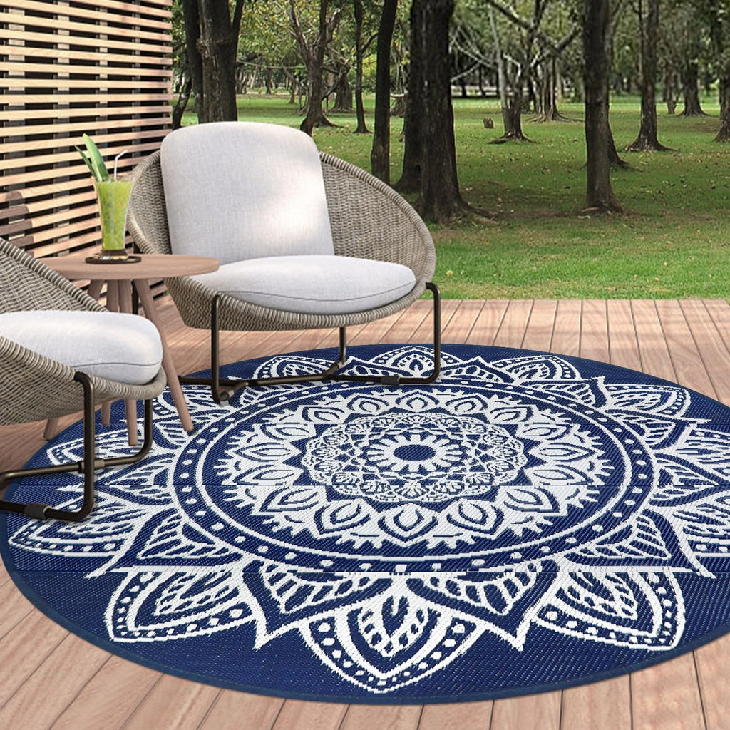 famibay 6 Ft Round Boho Outdoor Plastic Straw Rug, Waterproof, Portable, Reversible, UV-Resistant, Patio, Porch, Camping, Dark Blue