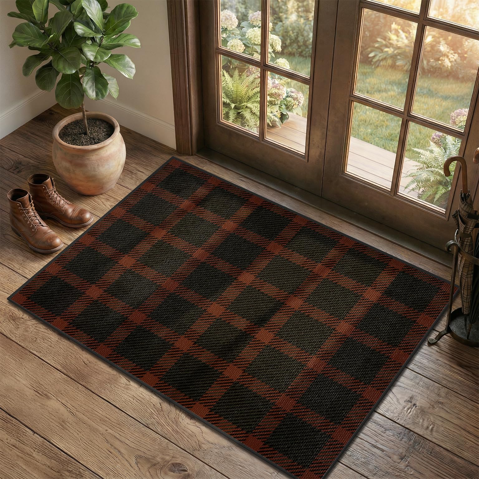 Washable Plaid Indoor Outdoor Rug 3x5 for Front Porch, Entryway, Patio, No Shed Easy Jute Non Slip TPR Backing Area Rug for Large Kitchen, Farmhouse Black & Tan Checkered Seegrass Aesthetic