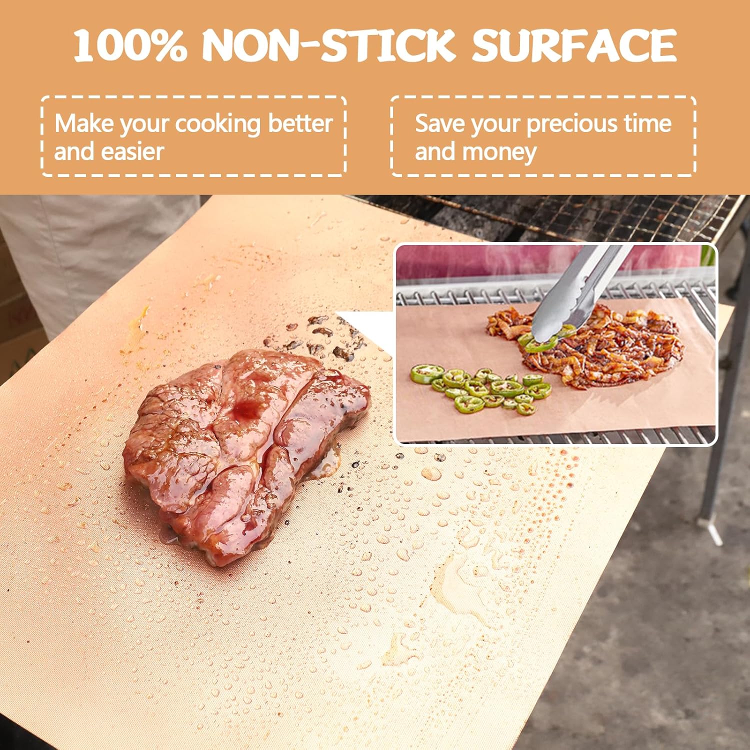 Copper Grill Mats for Ourdoor Grill Set of 6,Heavy Duty Non-Stick BBQ Grill Mats,Reusable & Easy to Clean for Gas,Charcoal & Electric Grills-15.75 x 13 Inch