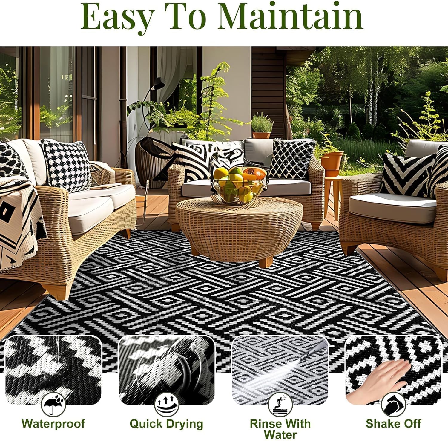 OPPODREAM Outdoor Rug 9x12 Patio Waterproof, Large Outdoor Plastic Straw Rug, Reversible Out Door Carpet for Camping, Deck, Rv, 9 x 12 Area Carpet for Balcony, Porch, Backyard, Black and White