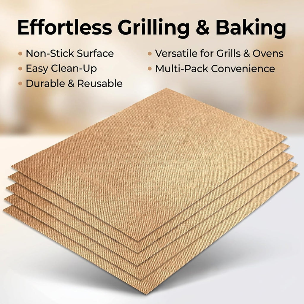 RAINFLOW Copper Grill Mats 5 Pack – Nonstick BBQ Grill Mats for Outdoor Grilling, Reusable Grill Cooking Mats for Gas, Charcoal & Electric Grills, 15.75 x 13 in