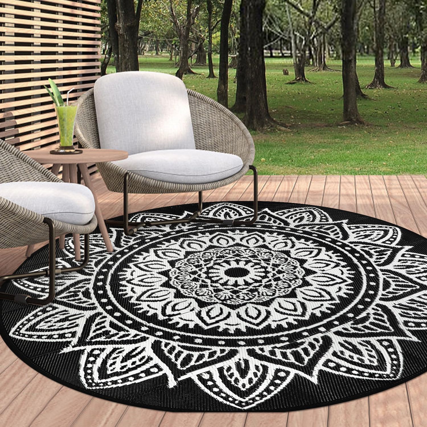famibay 6 Ft Round Boho Outdoor Plastic Straw Rug, Waterproof, Portable, Reversible, UV-Resistant, Patio, Porch, Camping, Dark Blue