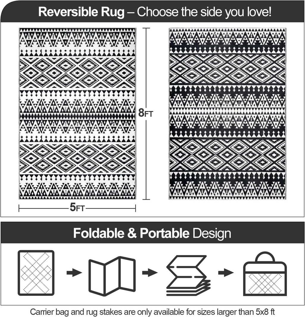 Waterproof Outdoor Rug 5x8ft, Bohemia Reversible Plastic Straw Mat for Patio RV Deck Porch Backyard Balcony Camping Picnic Beach Indoor Outdoor Carpet, Black&White