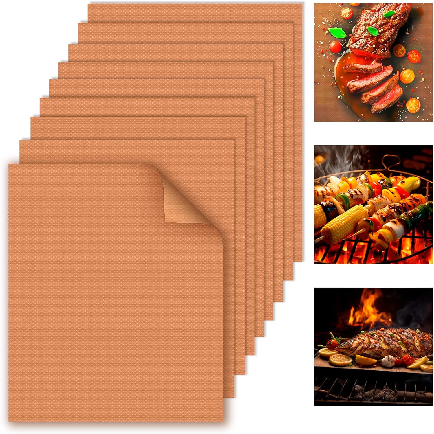 WIBIMEN Grill Mats for Outdoor Grill, Copper 9pcs Grill Mat, 100% Non-Stick PFOA Free 15.75 x 13", Heavy Duty, Reusable and Easy to Clean - Gas Charcoal & Electric BBQ