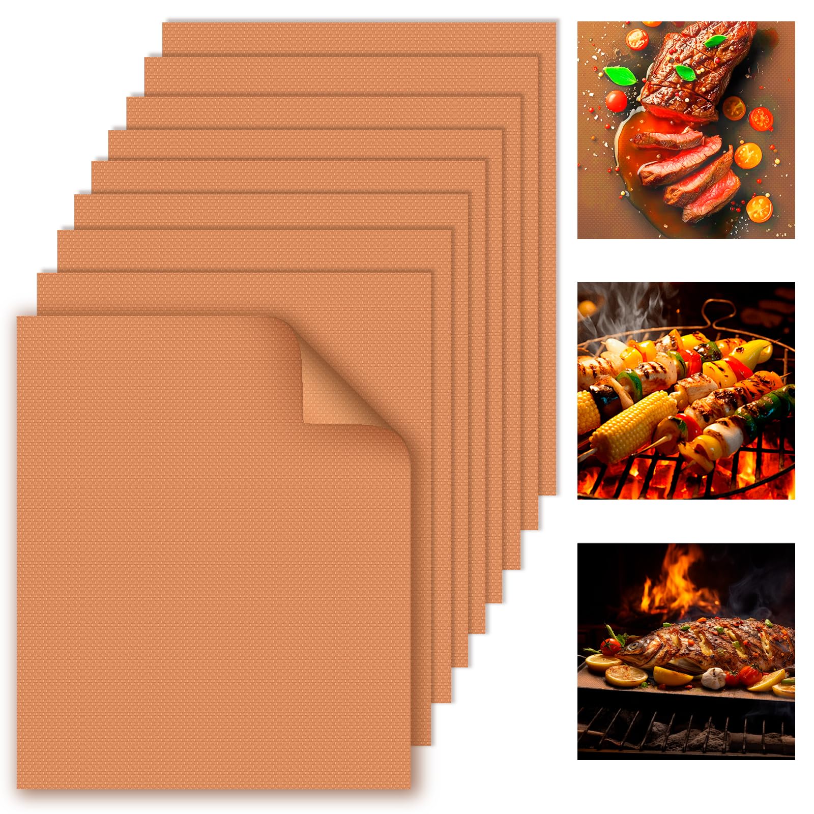 WIBIMEN Grill Mats for Outdoor Grill, Copper 9pcs Grill Mat, 100% Non-Stick PFOA Free 15.75 x 13", Heavy Duty, Reusable and Easy to Clean - Gas Charcoal & Electric BBQ