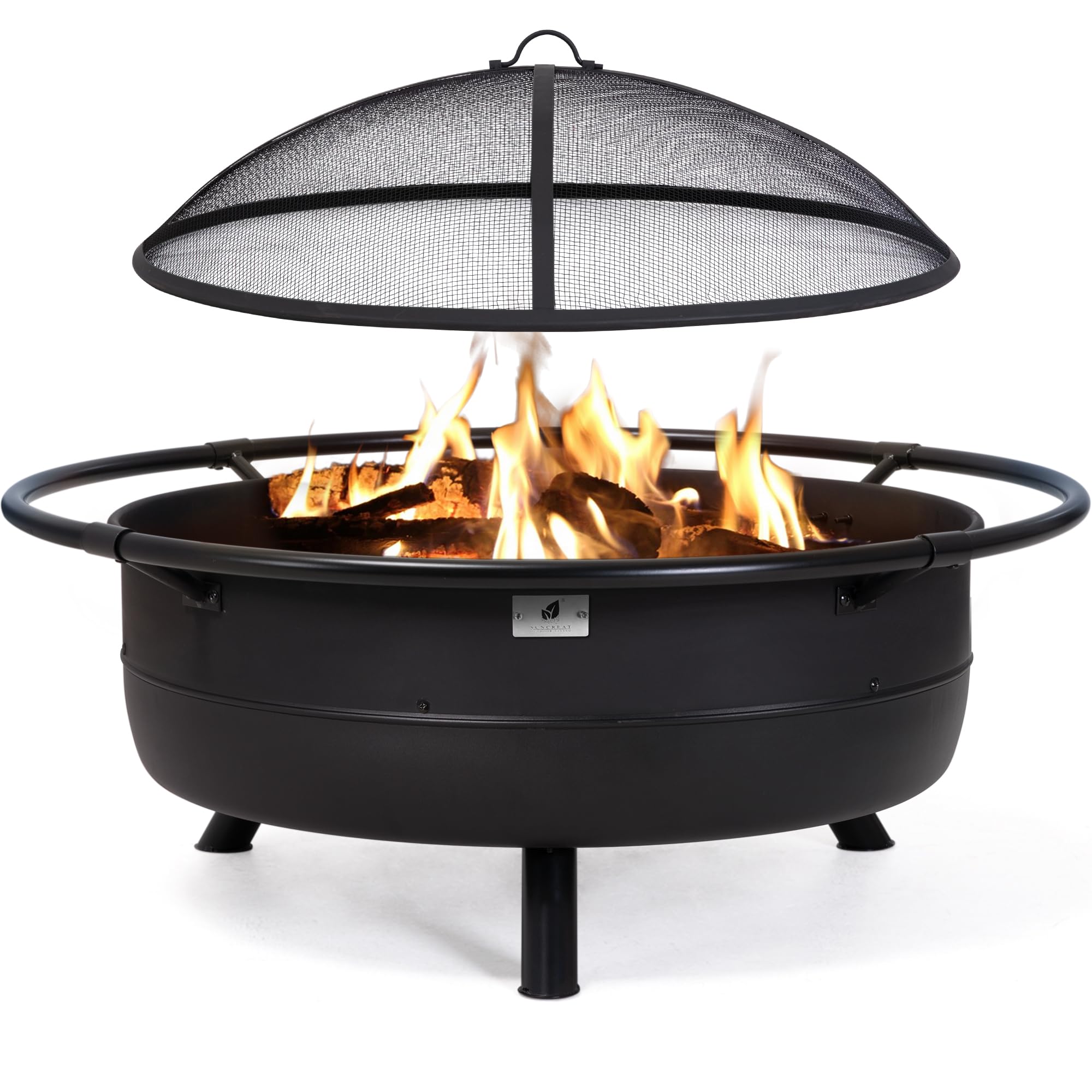 SUNCREAT 42” Patio Fire Pit Wood Burning with Mesh Spark Screen, Bonfire Outdoor firepit with Fireplace Poker, Black