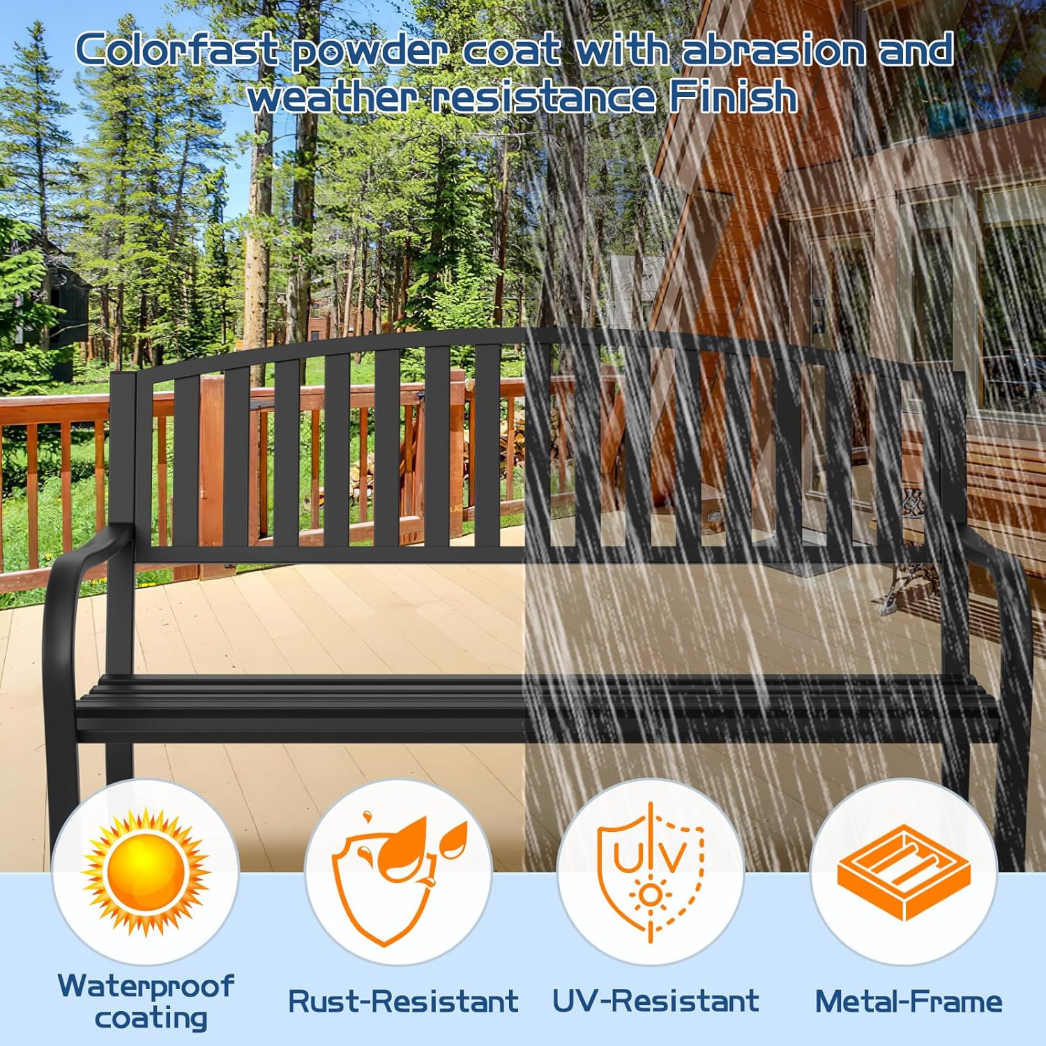 Outdoor Bench Garden Bench, Weatherproof Anti-Rust Heavy-Duty Outside Benches Clearance, Wrought Iron Metal Bench for Front Porch, Patio, Park