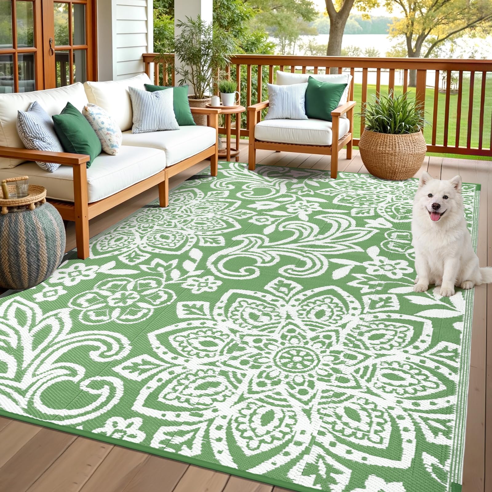 Findosom Waterproof Outdoor Rug 8' x 10' - Reversible Mandala Outdoor Plastic Straw Rug, Durable Foldable Patio Rug for RV, Deck, Balcony, Backyard, Picnic, Porch, Camping, Beach, Gray