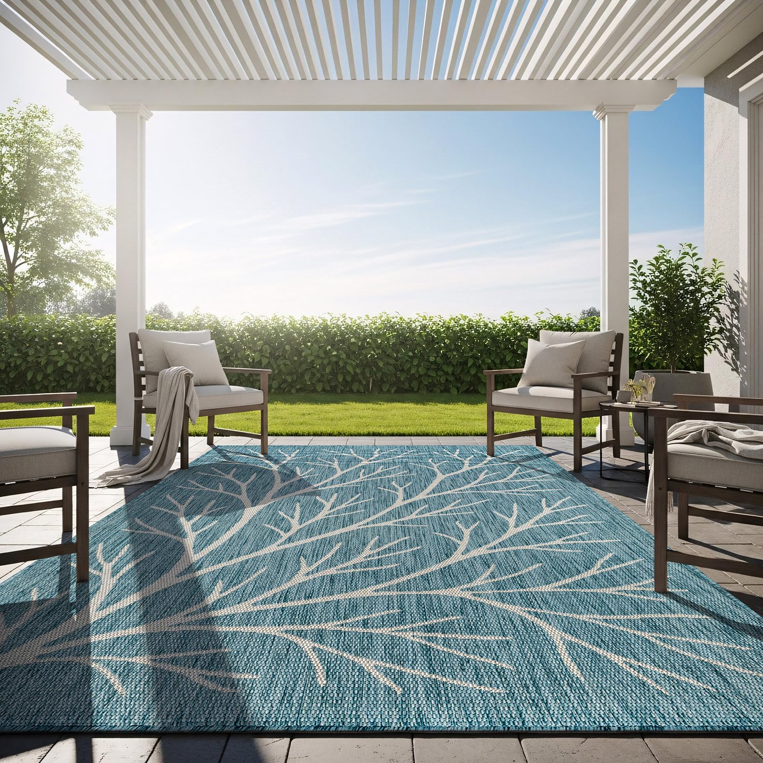 Washable Indoor Outdoor Rug 6x9 Modern Area Rugs Branch Pattern Non Shedding Waterproof Easy Clean Patio Deck Porch Living Room Bedroom Garden RV (6 X 9 Blue)
