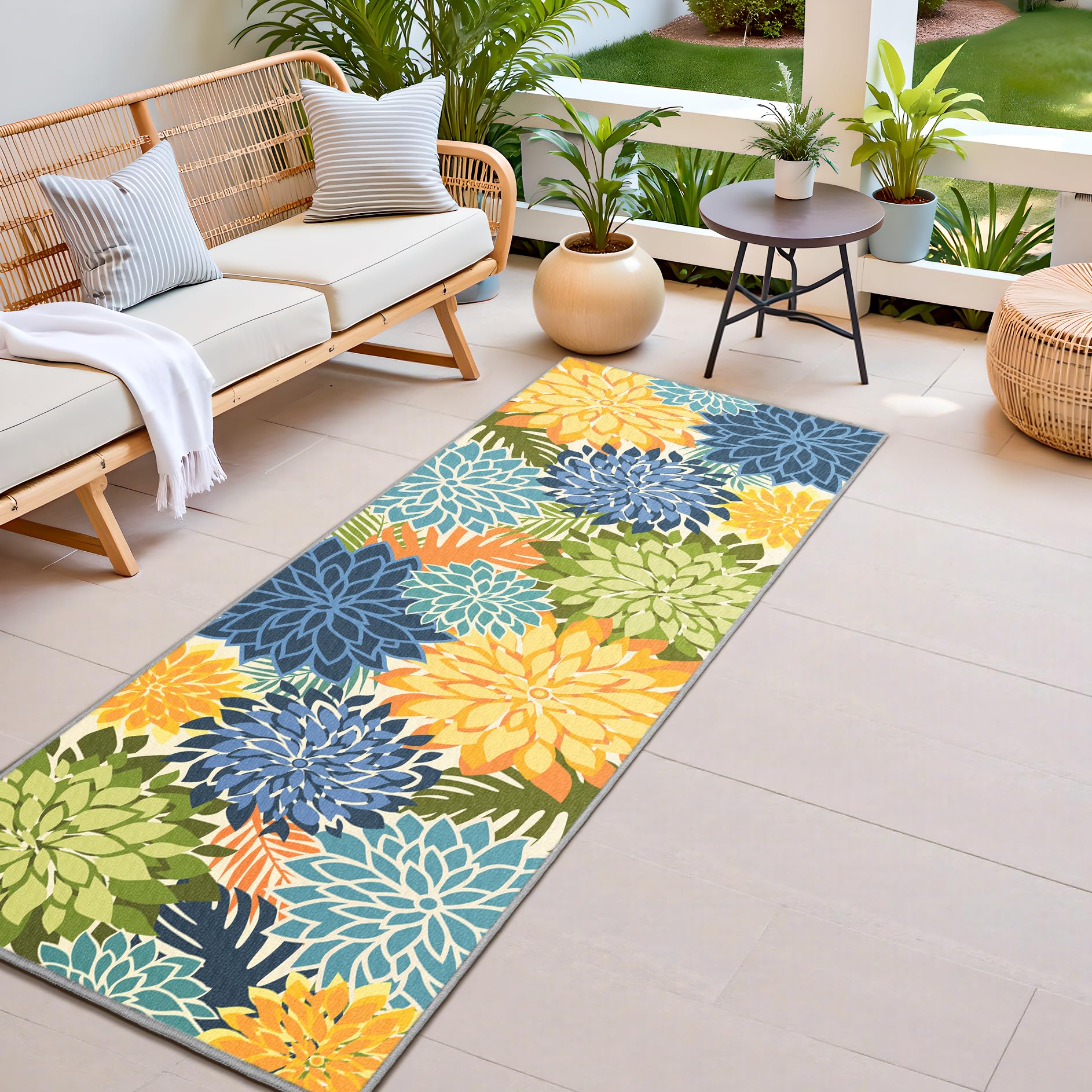 Colorful 5x8 Outdoor Area Rug Washable Multicolored Patio Rug Tropical Botanical Floral Chenille Waterproof Outdoor Carpet for Living Room, Deck, Backyard, Porch, Rainbow