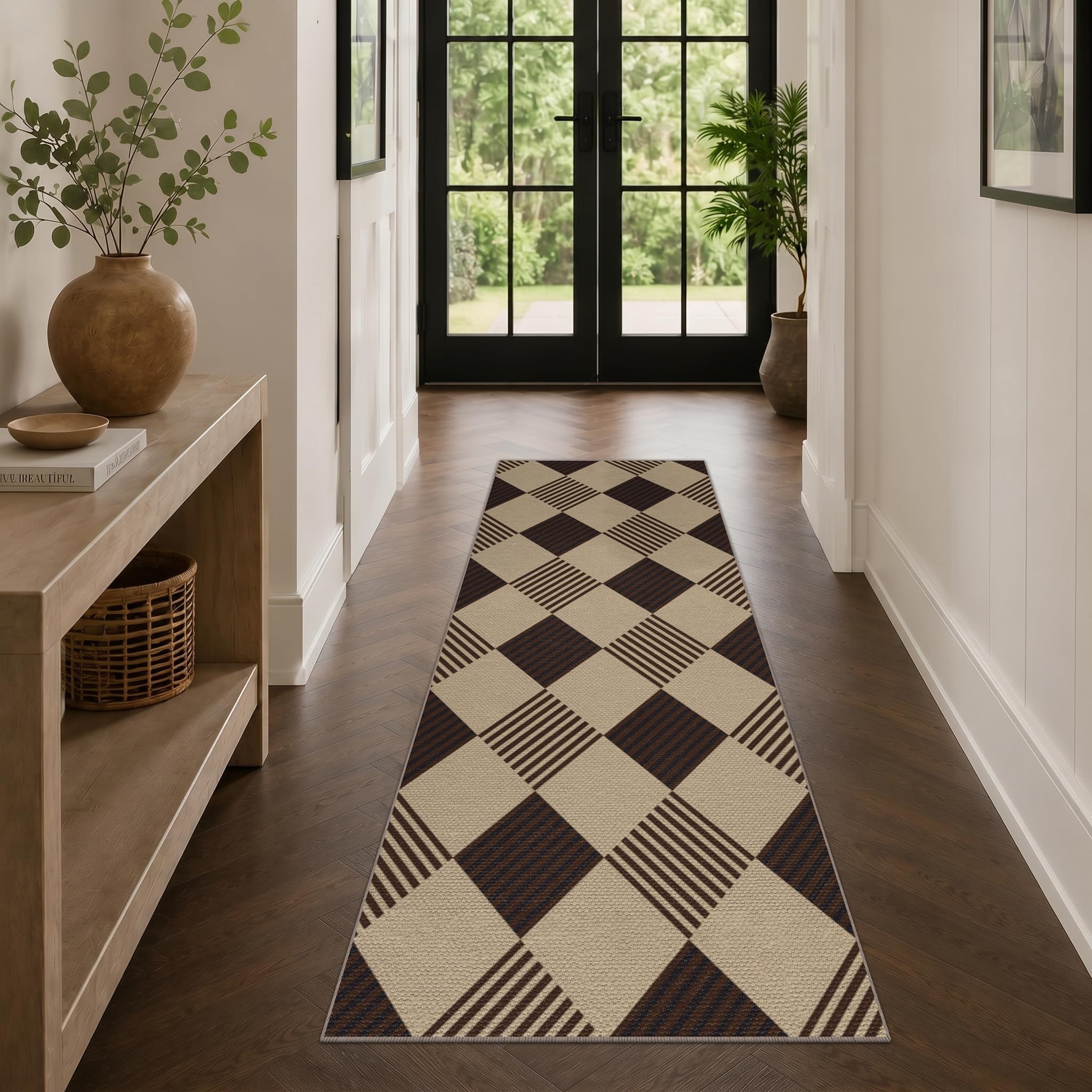 Washable Plaid Indoor Outdoor Rug 3x5 for Front Porch, Entryway, Patio, No Shed Easy Jute Non Slip TPR Backing Area Rug for Large Kitchen, Farmhouse Black & Tan Checkered Seegrass Aesthetic