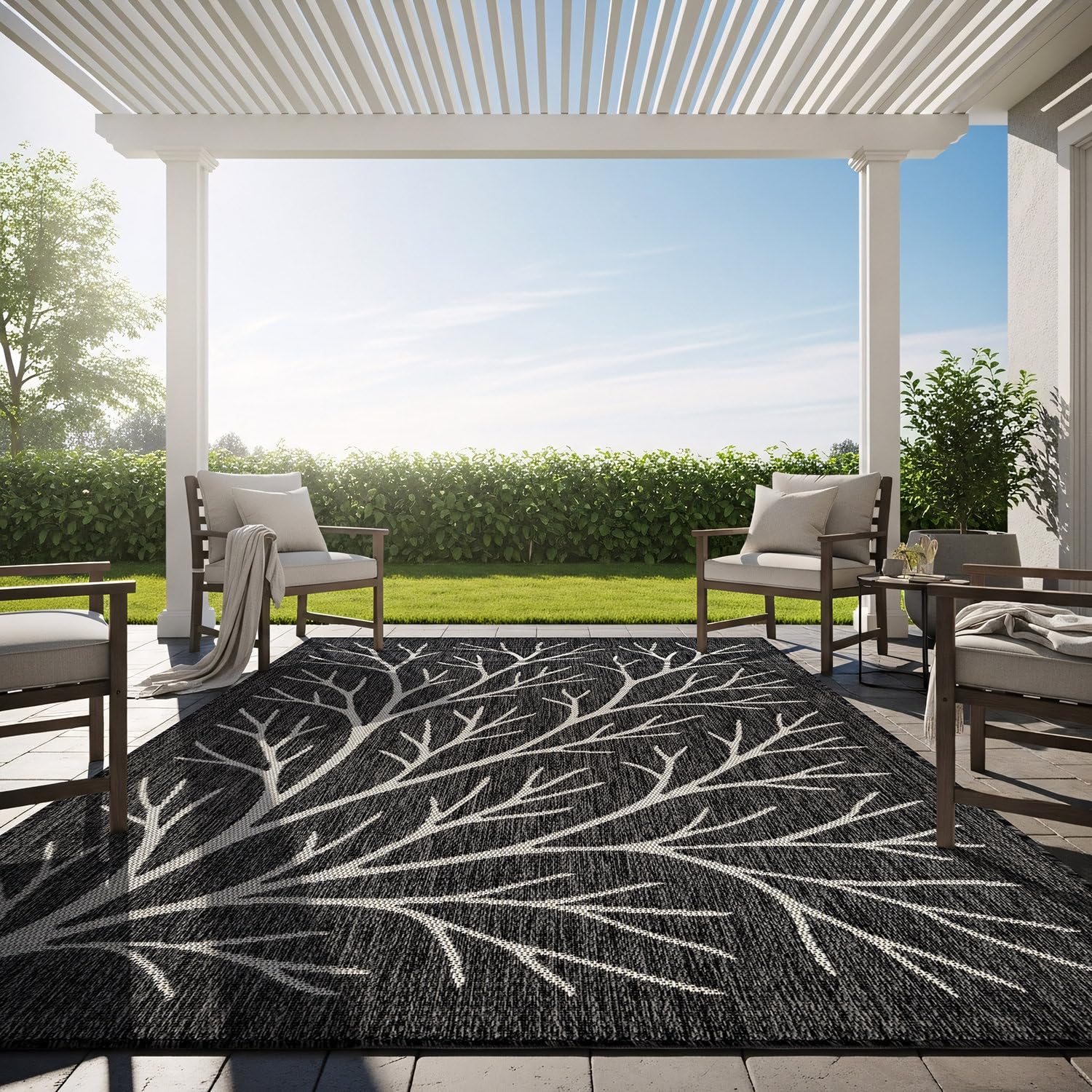 Washable Indoor Outdoor Rug 6x9 Modern Area Rugs Branch Pattern Non Shedding Waterproof Easy Clean Patio Deck Porch Living Room Bedroom Garden RV (6 X 9 Blue)