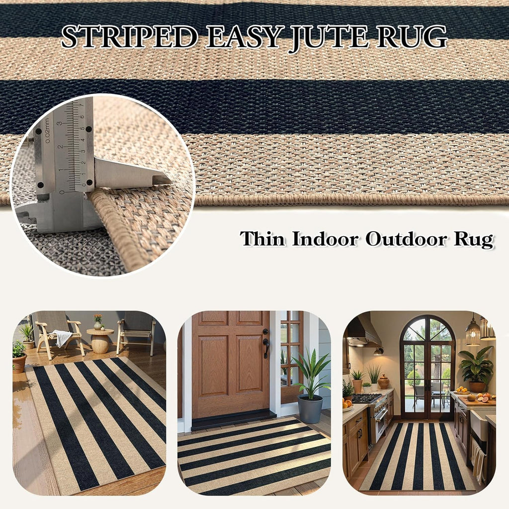 Lahome Striped Easy Jute Outdoor Patio Rug, 3x5 Washable Rugs for Entryway Porch, Farmhouse Neutral Non Shedding Indoor Outdoor Carpet for Entry Kitchen Guestroom Deck Foyer