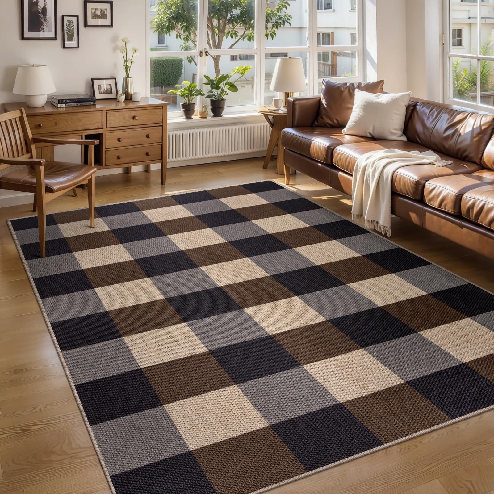 Tangsoo Rainbow Easy Jute Rug 5x7 Large Washable Area Rug for Living Room,Black Non-Slip Thin Outdoor Rug,Modern Farmhouse Indoor Carpet for Dining Room Table Bedroom Patio