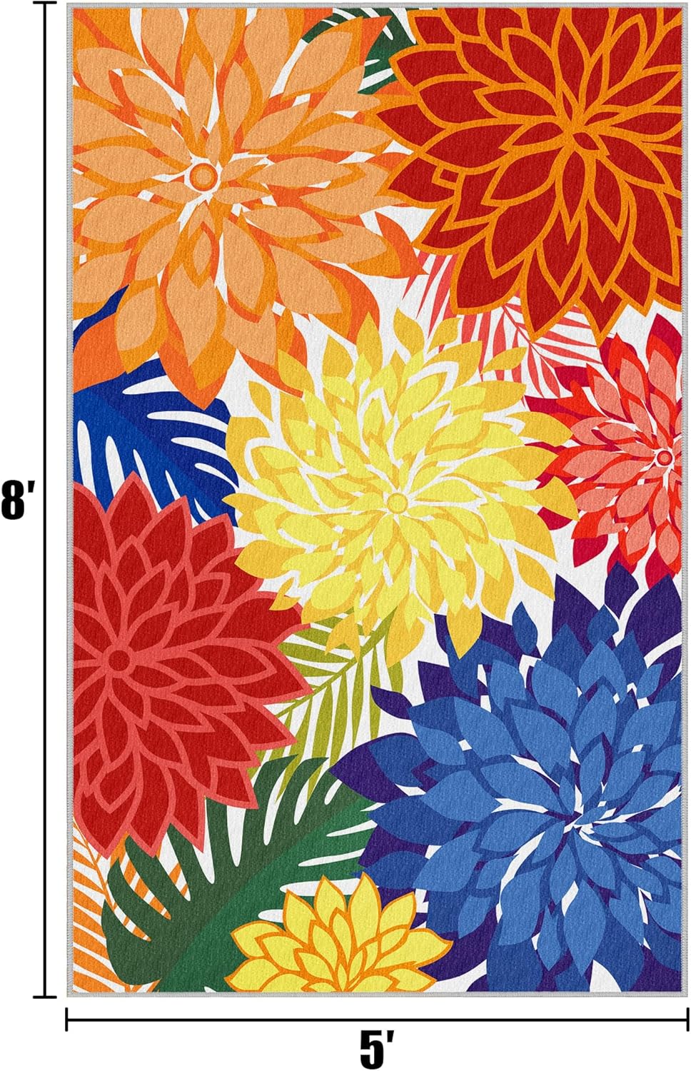 Colorful 5x8 Outdoor Area Rug Washable Multicolored Patio Rug Tropical Botanical Floral Chenille Waterproof Outdoor Carpet for Living Room, Deck, Backyard, Porch, Rainbow