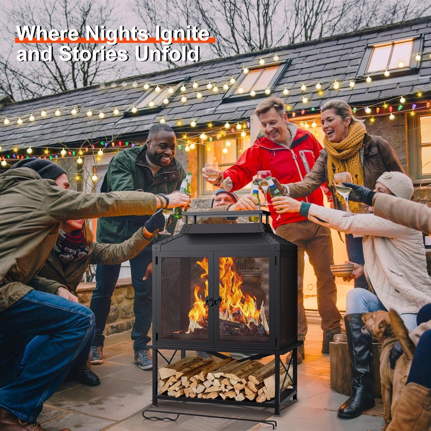 Metal Outdoor Fireplace for Patio - 39" H Square Chiminea Fire Pits Outside Wood Burning with Grill, Mesh Spark Screen & Fire Poker, for Garden, Backyard, Party, Camping, Picnic, BBQ, Bonfire