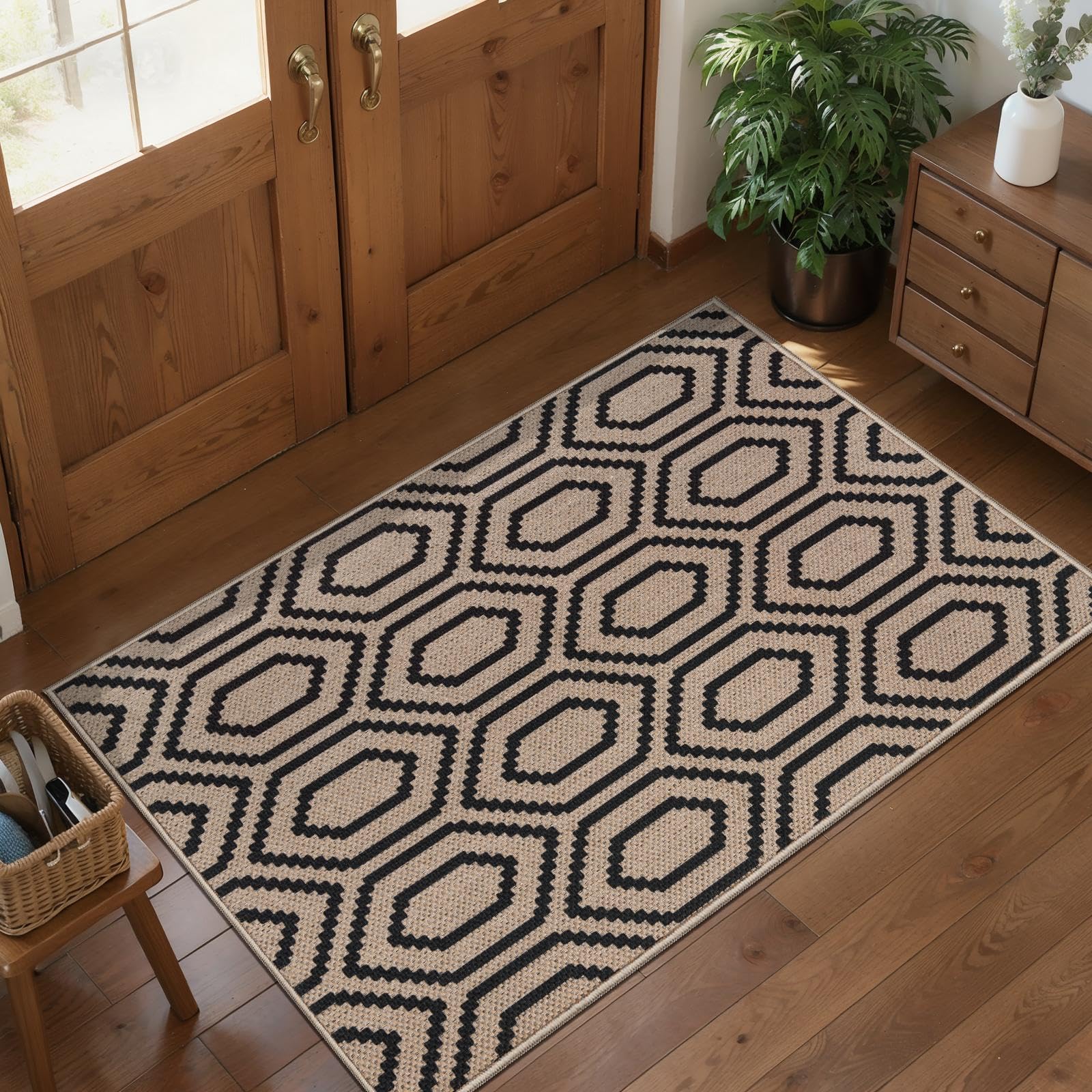 Tangsoo Rainbow Easy Jute Rug 5x7 Large Washable Area Rug for Living Room,Black Non-Slip Thin Outdoor Rug,Modern Farmhouse Indoor Carpet for Dining Room Table Bedroom Patio