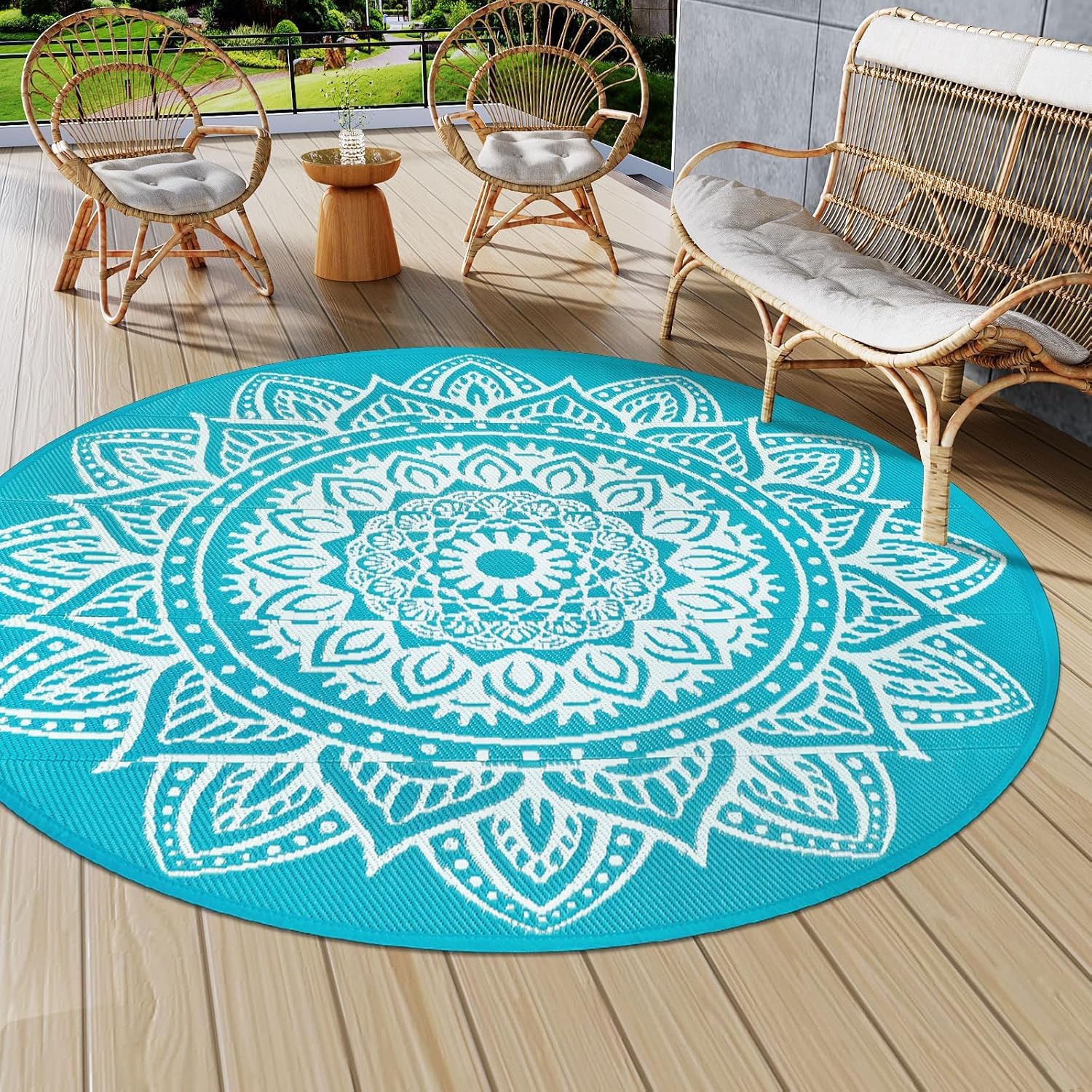 famibay 6 Ft Round Boho Outdoor Plastic Straw Rug, Waterproof, Portable, Reversible, UV-Resistant, Patio, Porch, Camping, Dark Blue