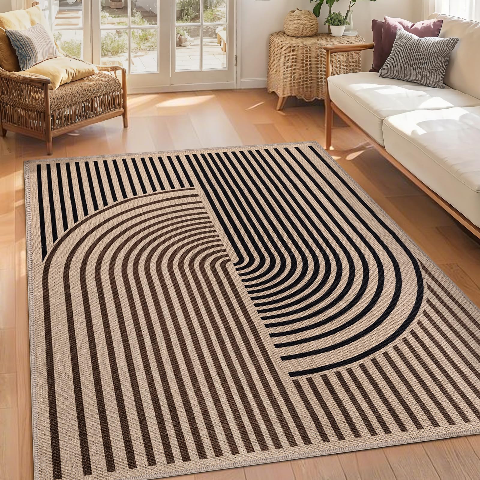 Tangsoo Rainbow Easy Jute Rug 5x7 Large Washable Area Rug for Living Room,Black Non-Slip Thin Outdoor Rug,Modern Farmhouse Indoor Carpet for Dining Room Table Bedroom Patio