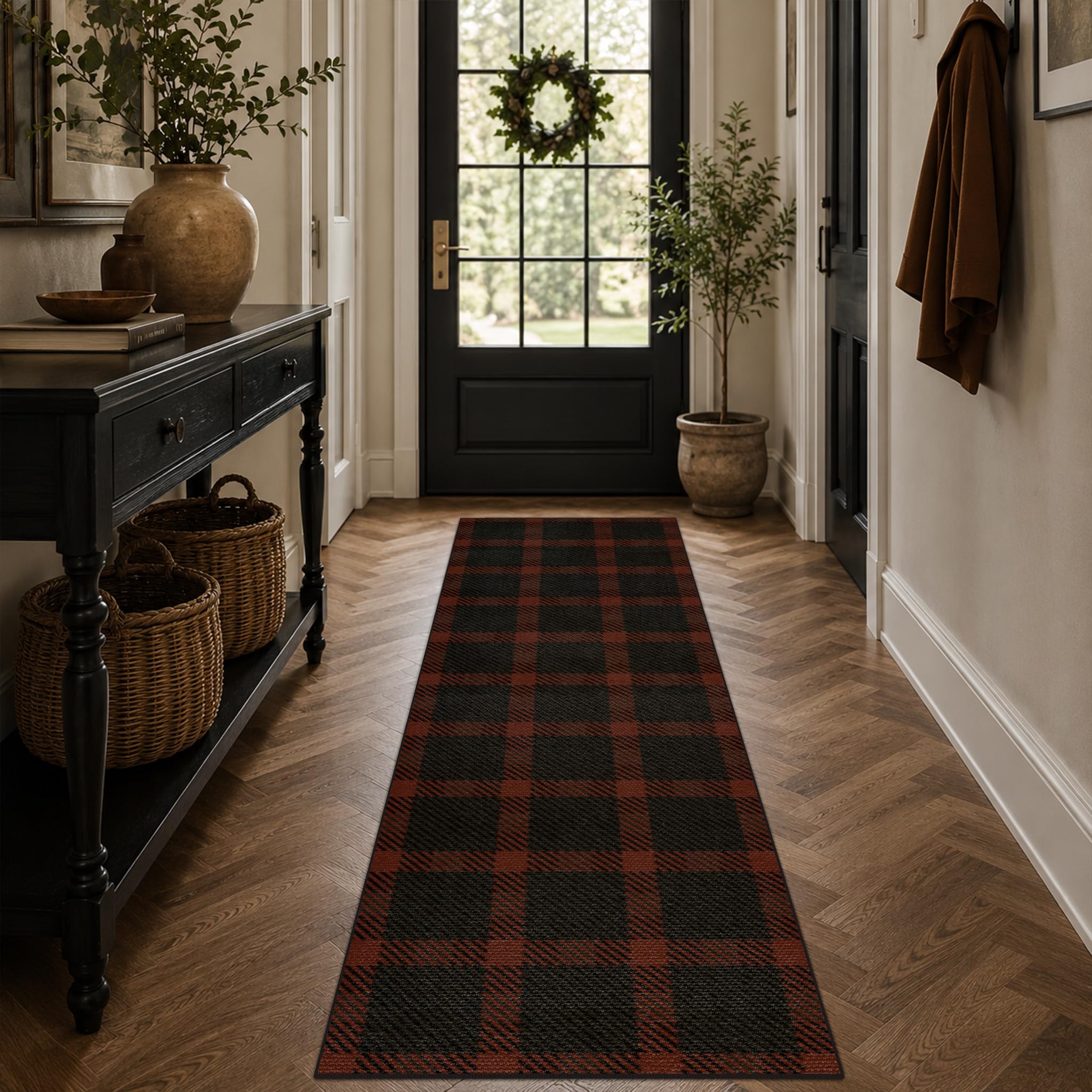 Washable Plaid Indoor Outdoor Rug 3x5 for Front Porch, Entryway, Patio, No Shed Easy Jute Non Slip TPR Backing Area Rug for Large Kitchen, Farmhouse Black & Tan Checkered Seegrass Aesthetic