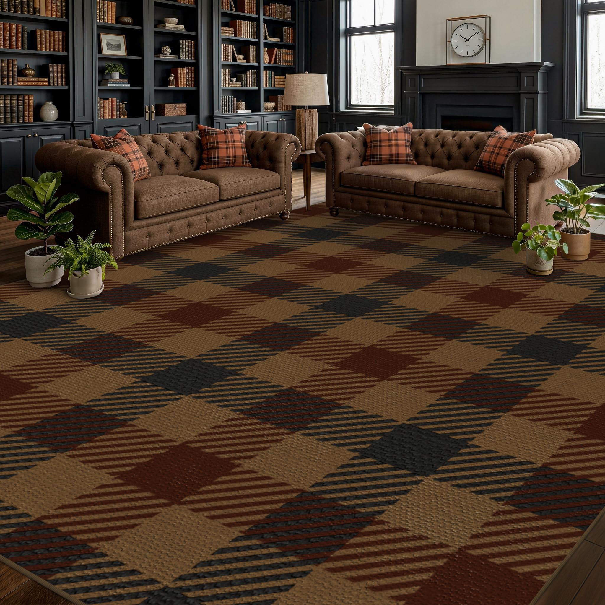 Washable Plaid Indoor Outdoor Rug 3x5 for Front Porch, Entryway, Patio, No Shed Easy Jute Non Slip TPR Backing Area Rug for Large Kitchen, Farmhouse Black & Tan Checkered Seegrass Aesthetic