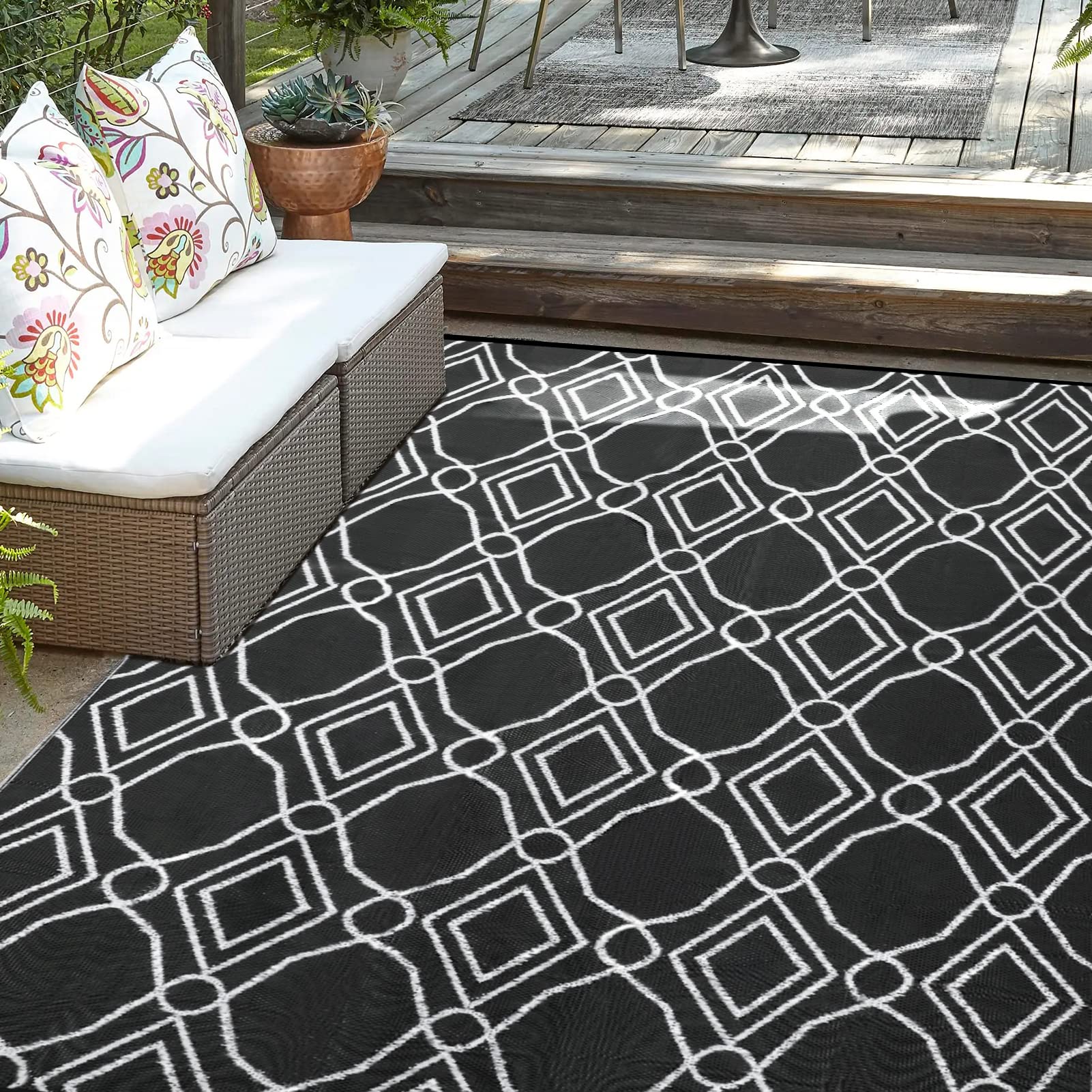 Kohree Outdoor Rug 9x12 Reversible, Waterproof Outdoor Plastic Straw Rug RV Patio Mat, Non-Slip Easy-Cleaning RV Outdoor Mat Carpet for Deck, Patio, Camping, Balcony, Deck, Backyard (Grey & White)