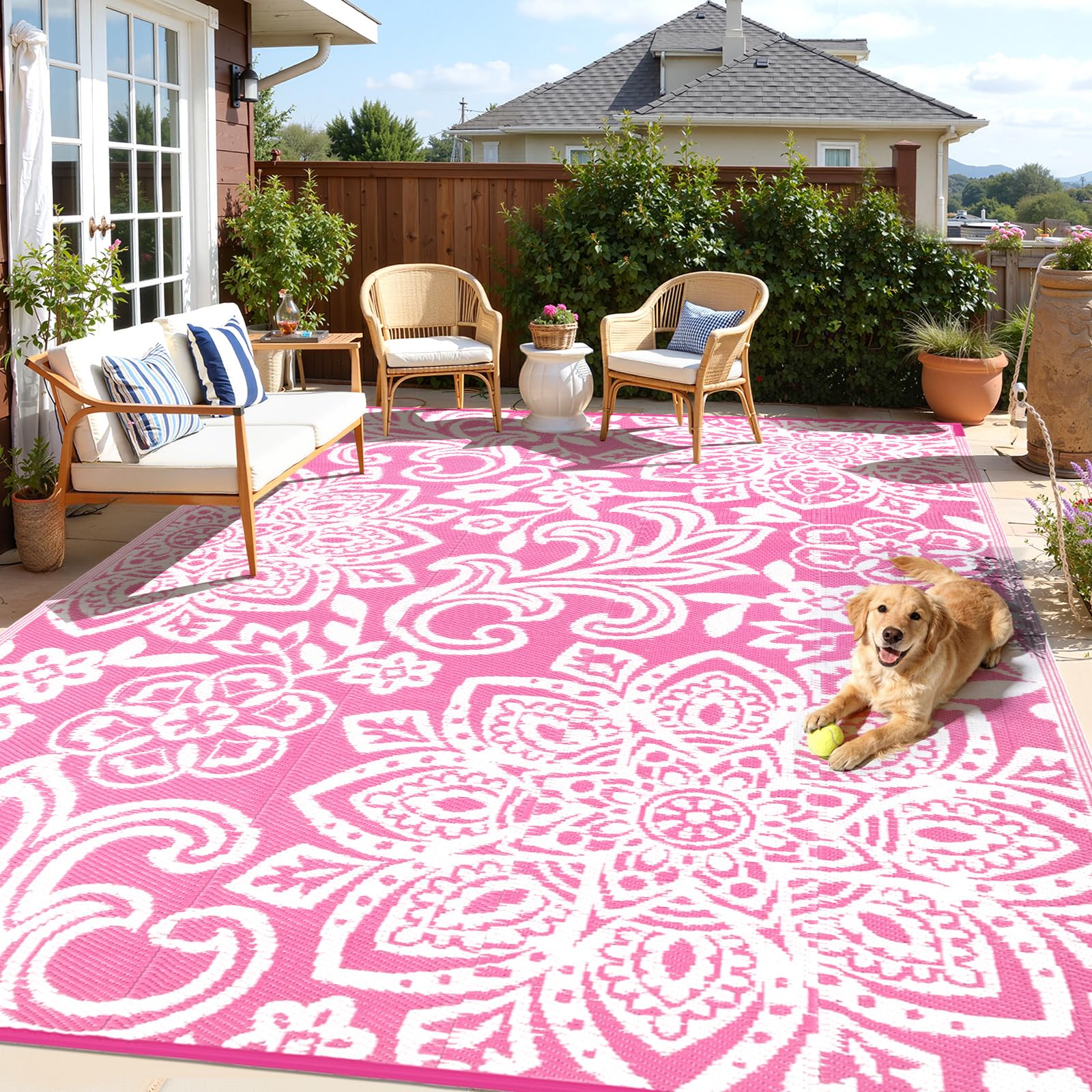 Findosom Waterproof Outdoor Rug 8' x 10' - Reversible Mandala Outdoor Plastic Straw Rug, Durable Foldable Patio Rug for RV, Deck, Balcony, Backyard, Picnic, Porch, Camping, Beach, Gray