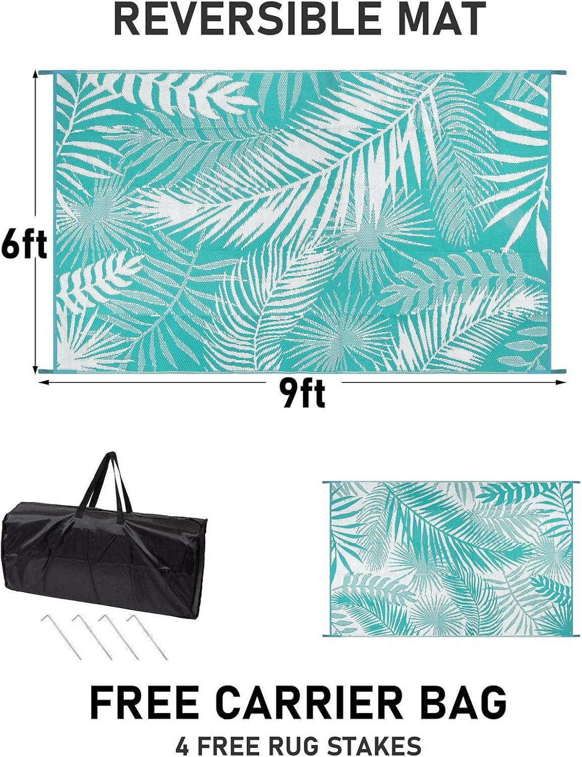 Outdoor Rug for Patios Clearance, 6x9 Waterproof RV Rugs for Outside, Reversible Plastic Straw Mat Large Quick Drying Outdoor Rugs for Deck Trailers Campers Porch Beach Backyard,Teal & White