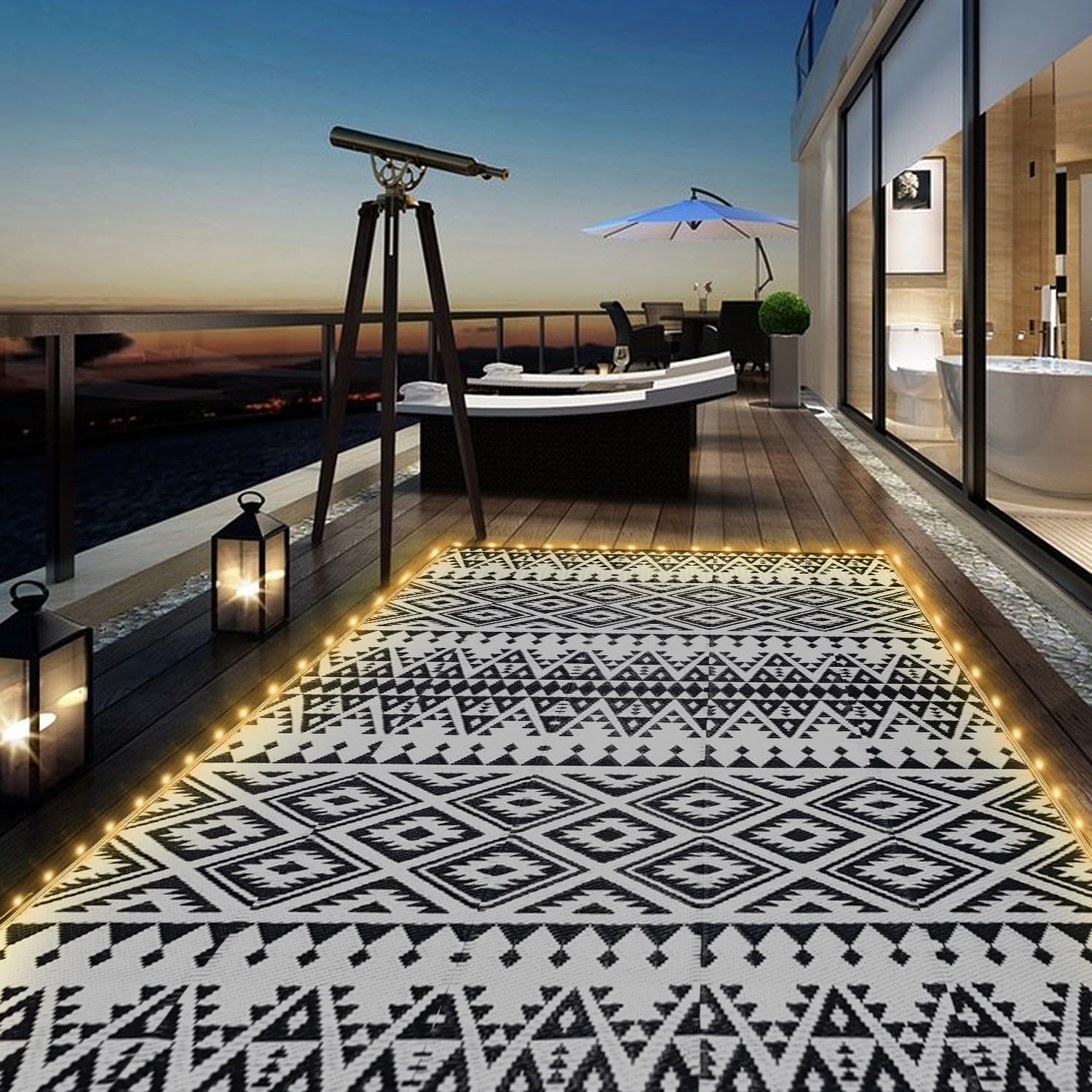 Waterproof Outdoor Rug 5x8ft, Bohemia Reversible Plastic Straw Mat for Patio RV Deck Porch Backyard Balcony Camping Picnic Beach Indoor Outdoor Carpet, Black&White