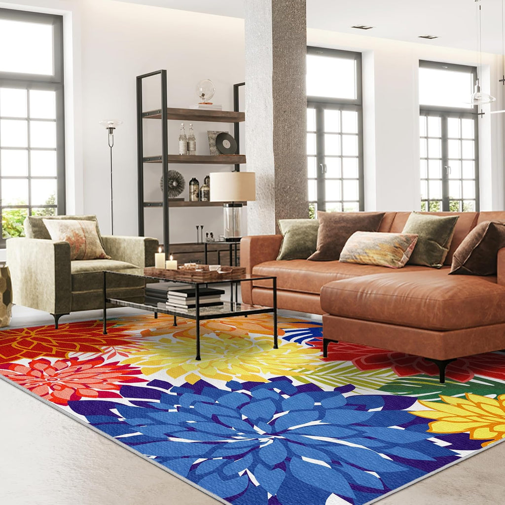 Colorful 5x8 Outdoor Area Rug Washable Multicolored Patio Rug Tropical Botanical Floral Chenille Waterproof Outdoor Carpet for Living Room, Deck, Backyard, Porch, Rainbow