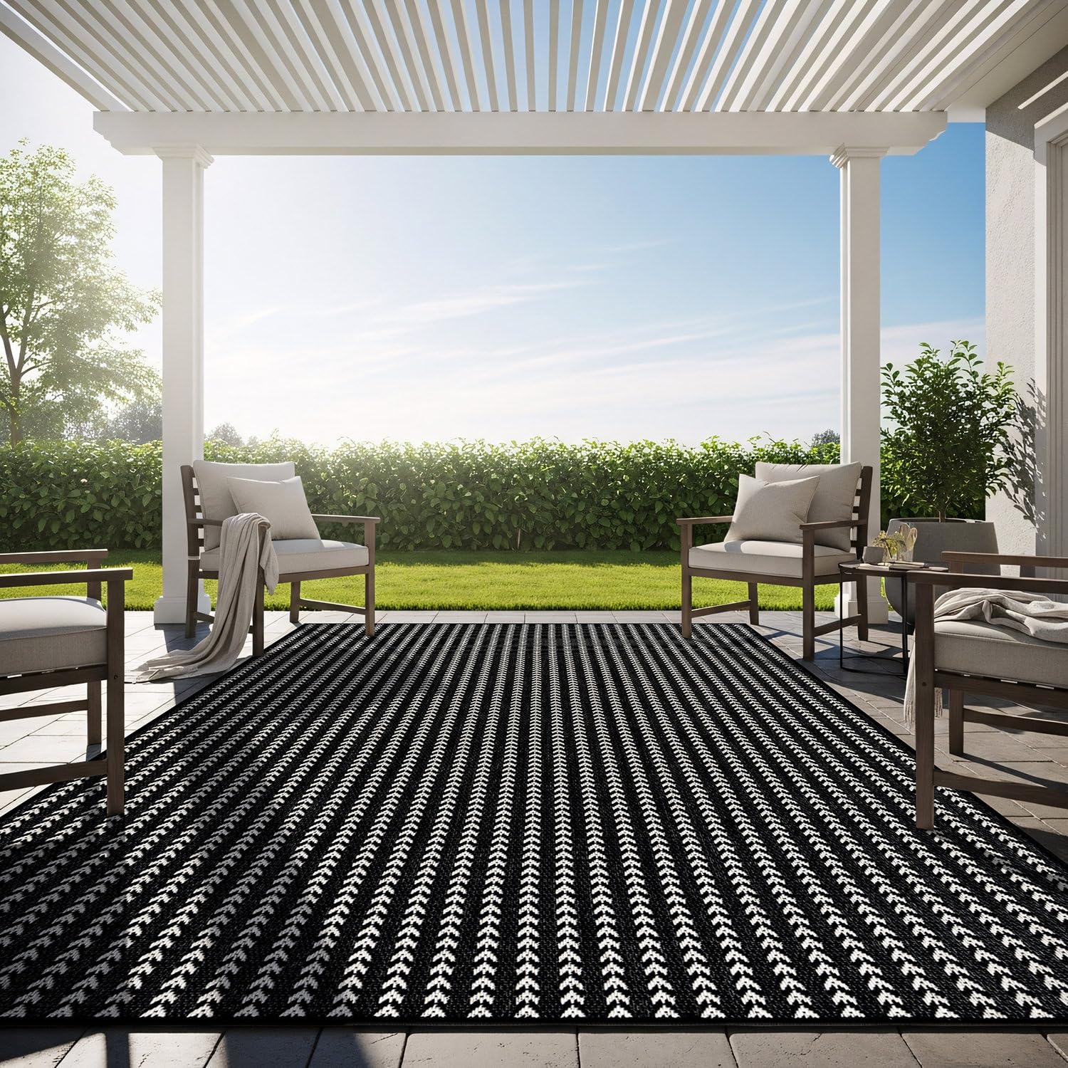 Washable Outdoor Rug 5x7 Modern Area Rugs Outdoor Carpets Striped Pattern Non Shedding Waterproof Easy Clean Patio Deck Porch Living Room Bedroom Garden RV (5 X 7 Olive)