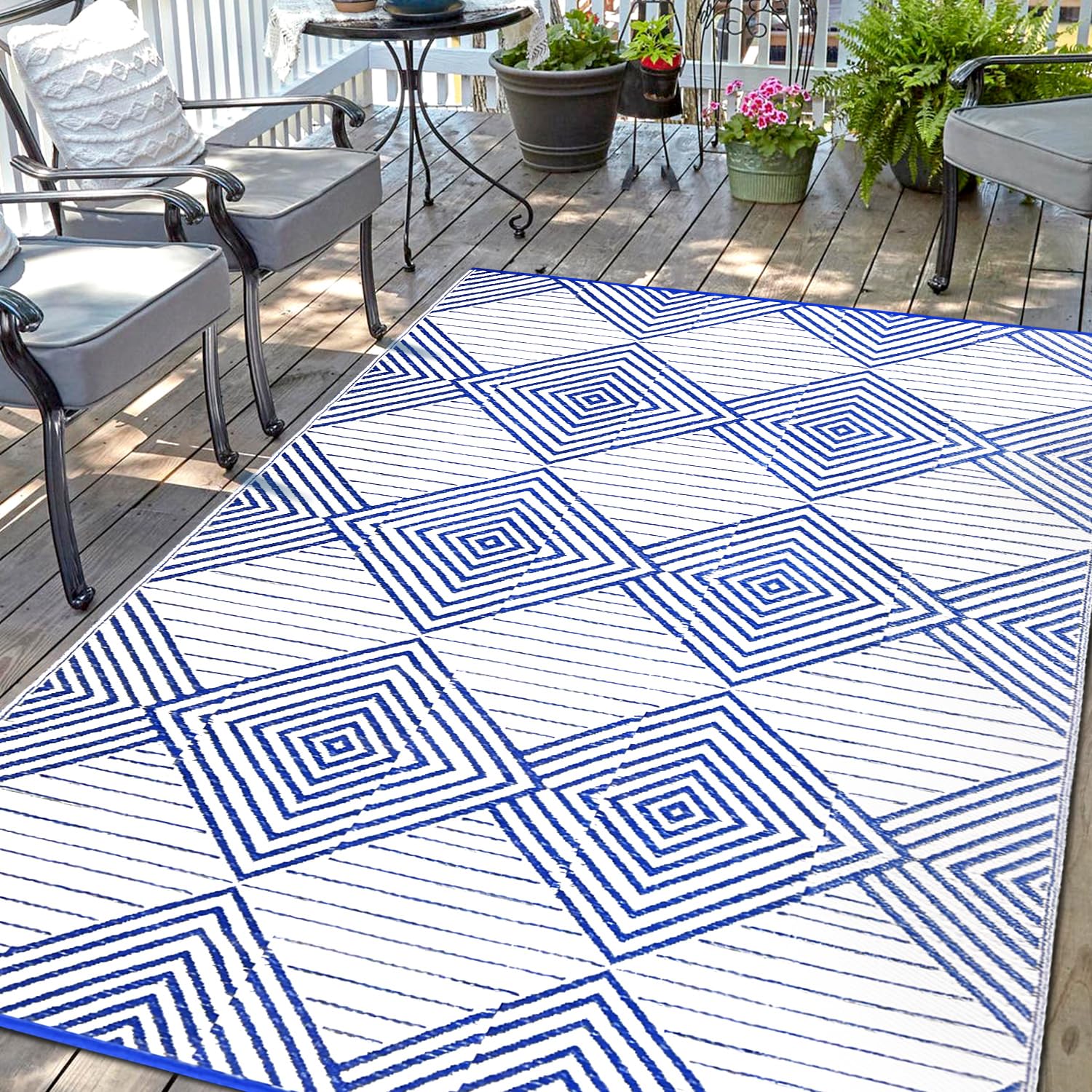 Waterproof Outdoor Rug 5x8ft, Bohemia Reversible Plastic Straw Mat for Patio RV Deck Porch Backyard Balcony Camping Picnic Beach Indoor Outdoor Carpet, Black&White