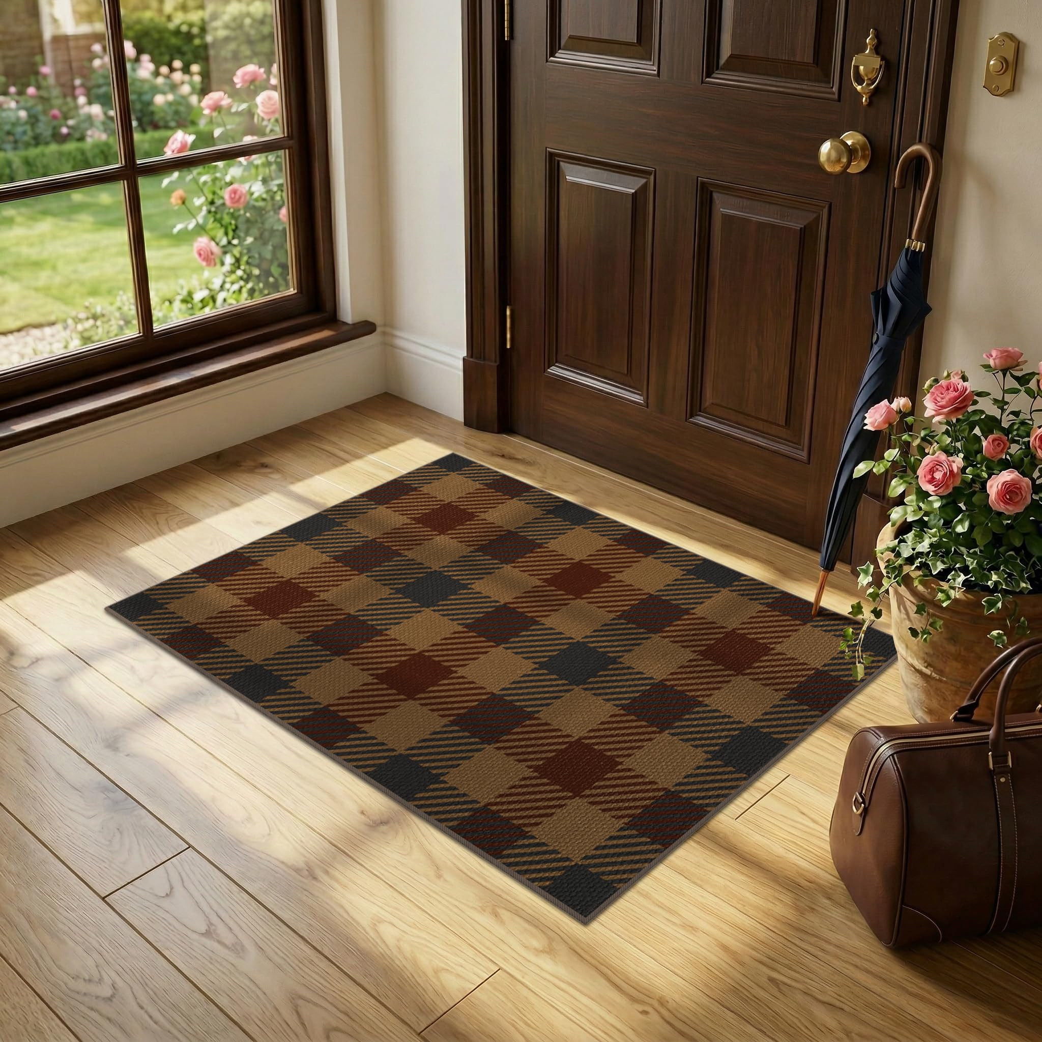 Washable Plaid Indoor Outdoor Rug 3x5 for Front Porch, Entryway, Patio, No Shed Easy Jute Non Slip TPR Backing Area Rug for Large Kitchen, Farmhouse Black & Tan Checkered Seegrass Aesthetic