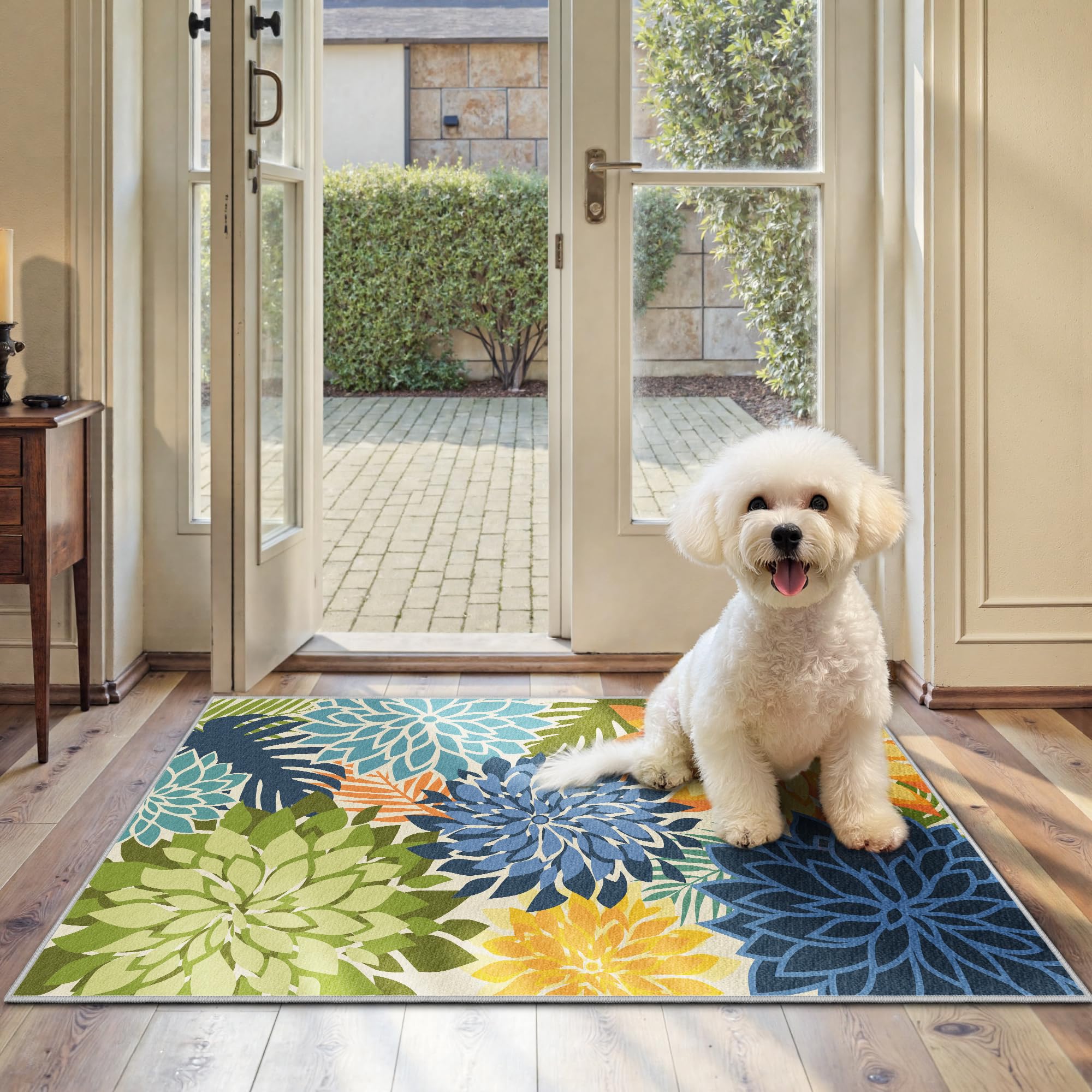 Colorful 5x8 Outdoor Area Rug Washable Multicolored Patio Rug Tropical Botanical Floral Chenille Waterproof Outdoor Carpet for Living Room, Deck, Backyard, Porch, Rainbow