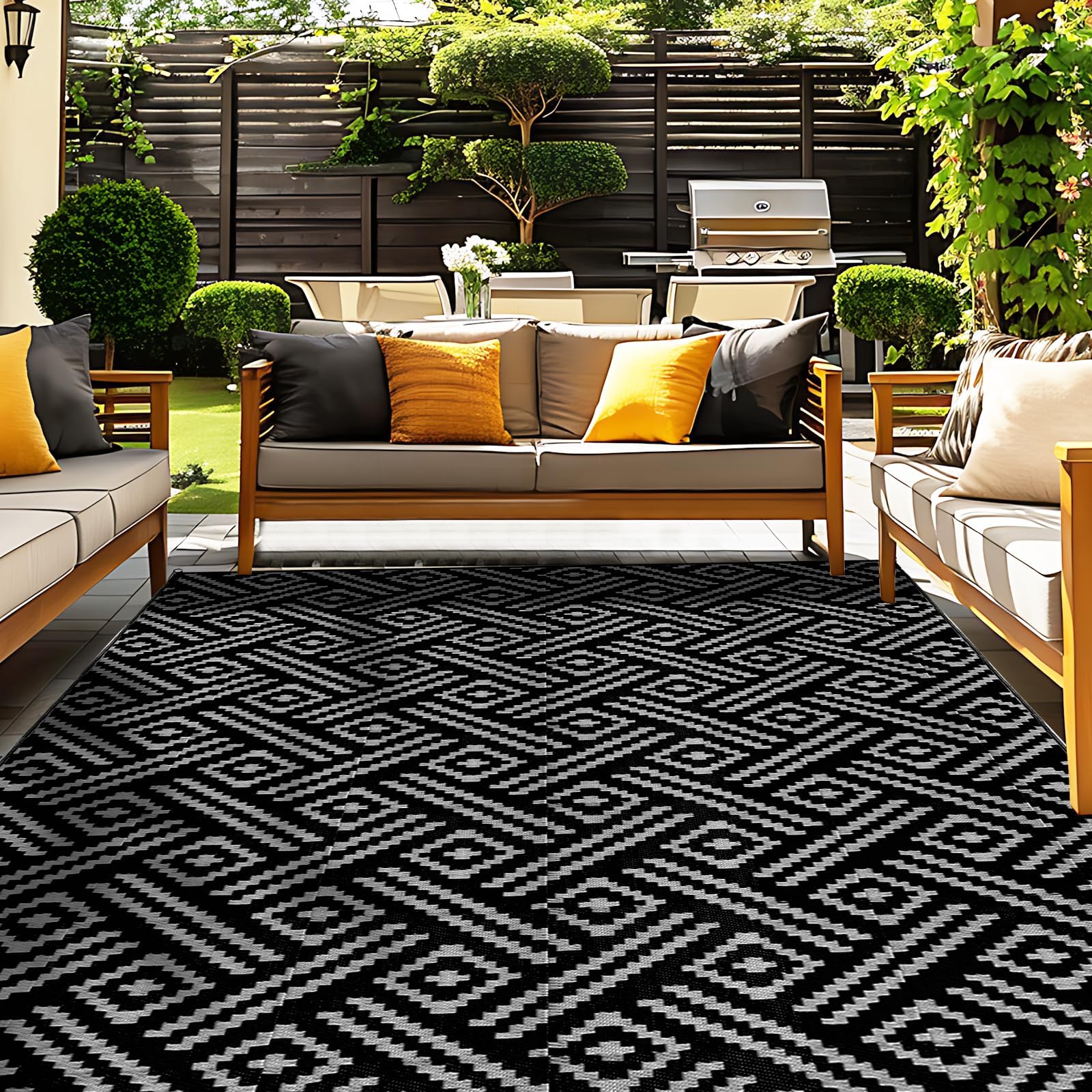 OPPODREAM Outdoor Rug 9x12 Patio Waterproof, Large Outdoor Plastic Straw Rug, Reversible Out Door Carpet for Camping, Deck, Rv, 9 x 12 Area Carpet for Balcony, Porch, Backyard, Black and White