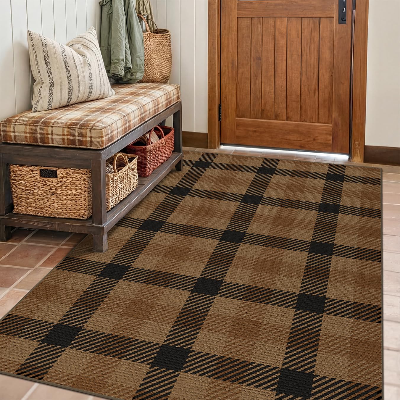Washable Plaid Indoor Outdoor Rug 3x5 for Front Porch, Entryway, Patio, No Shed Easy Jute Non Slip TPR Backing Area Rug for Large Kitchen, Farmhouse Black & Tan Checkered Seegrass Aesthetic