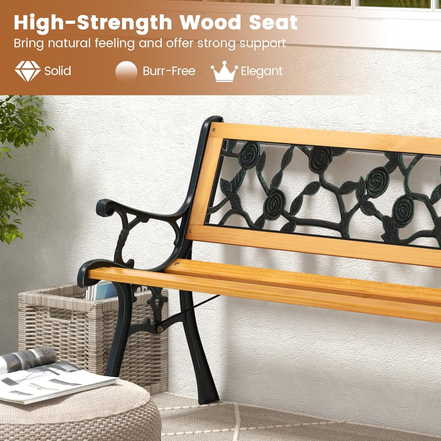 Tangkula Outdoor Garden Bench Park Bench, Patio Iron Bench Chair with Cast Iron & Hardwood Structure, Weather Proof Porch Loveseat, Perfect for Backyard, Deck, Lawn, Poolside