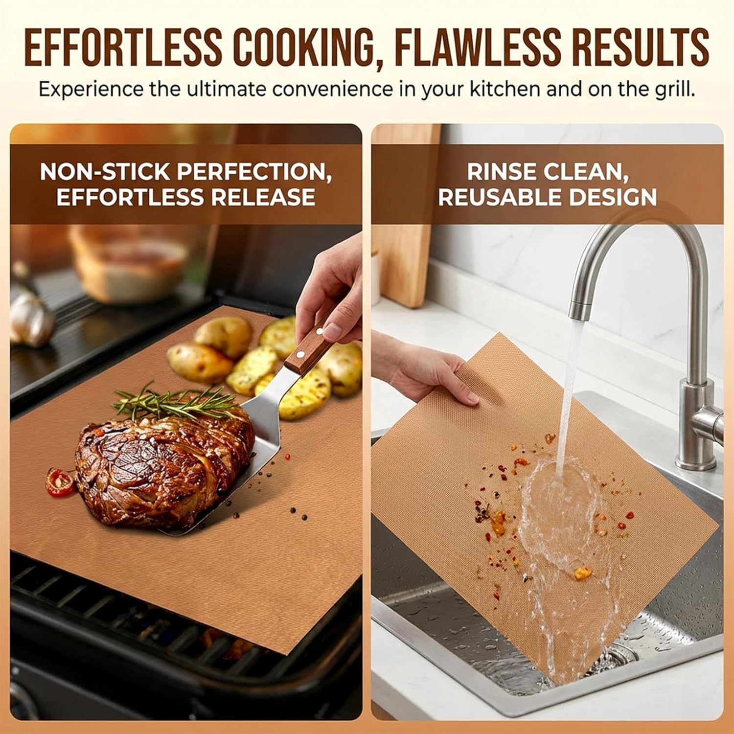 RAINFLOW Copper Grill Mats 5 Pack – Nonstick BBQ Grill Mats for Outdoor Grilling, Reusable Grill Cooking Mats for Gas, Charcoal & Electric Grills, 15.75 x 13 in