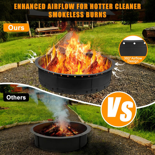 36 Inch Fire Pit Ring, Large Outdoor Campfire Pit for Patio Backyard Garden, Smokeless Steel Firepit with Air Vent for Efficient Burning & Anti-Rust Coating, Black Steel