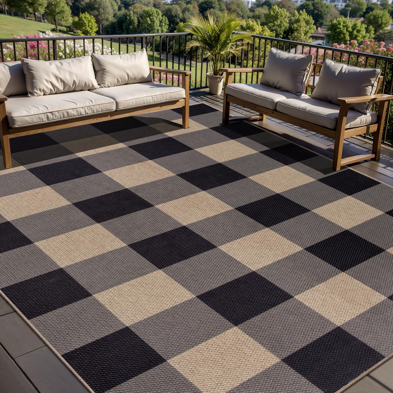 Tangsoo Rainbow Easy Jute Rug 5x7 Large Washable Area Rug for Living Room,Black Non-Slip Thin Outdoor Rug,Modern Farmhouse Indoor Carpet for Dining Room Table Bedroom Patio