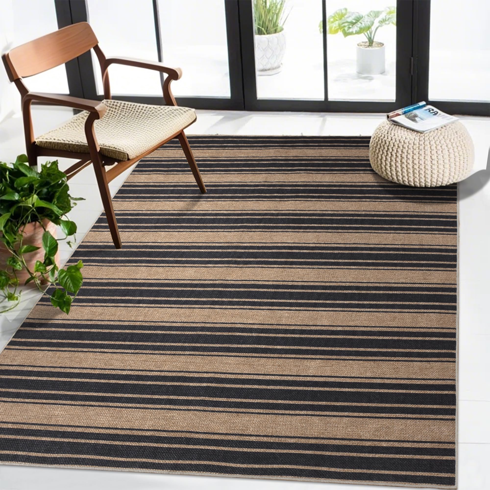 Striped Easy Jute Rug 5x7 Outdoor Patio Rug Washable Rugs for Living Room Bedroom Non Slip Non Shedding Neutral Farmhouse Indoor Outdoor Carpet for Backyard Patio Office