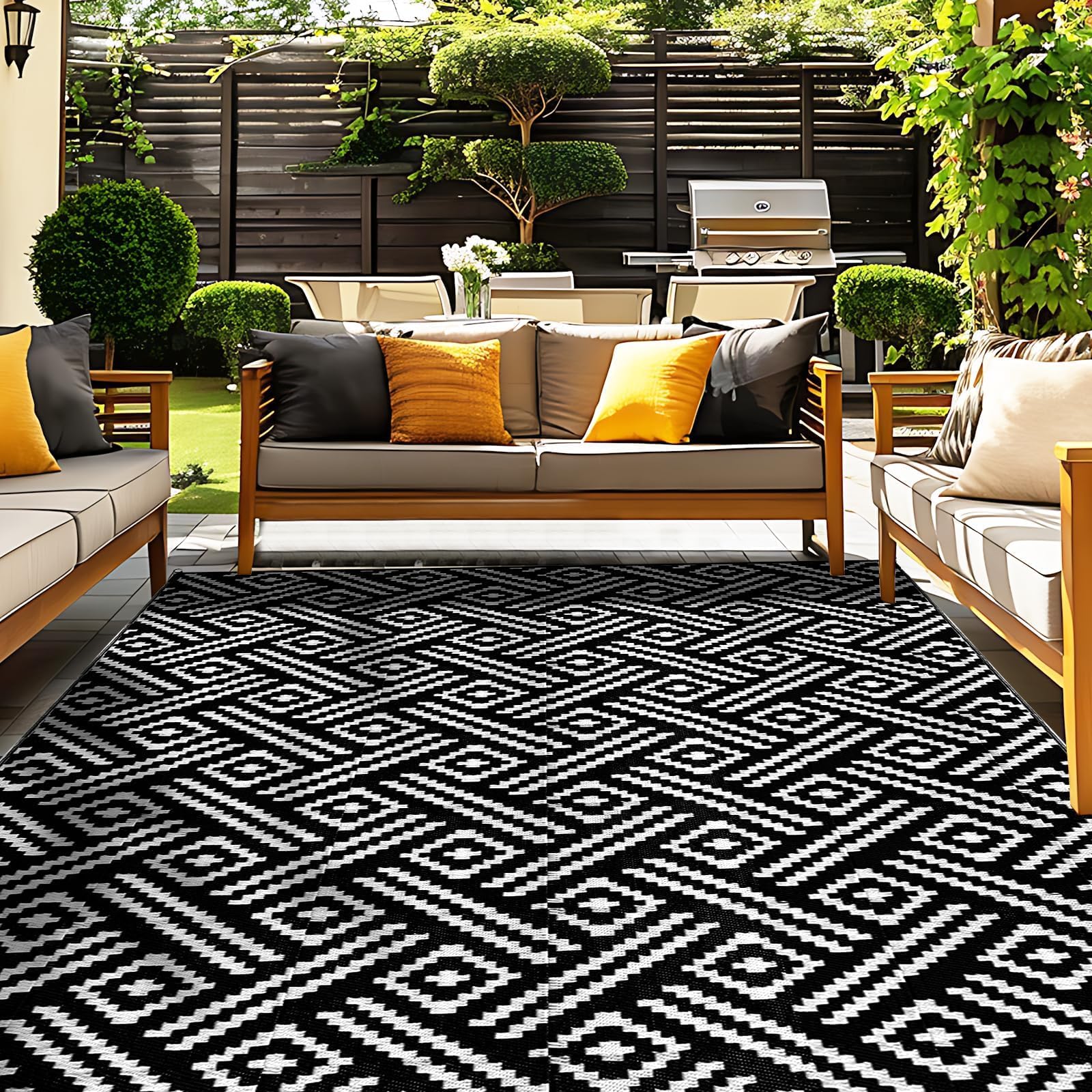 OPPODREAM Outdoor Rug 9x12 Patio Waterproof, Large Outdoor Plastic Straw Rug, Reversible Out Door Carpet for Camping, Deck, Rv, 9 x 12 Area Carpet for Balcony, Porch, Backyard, Black and White