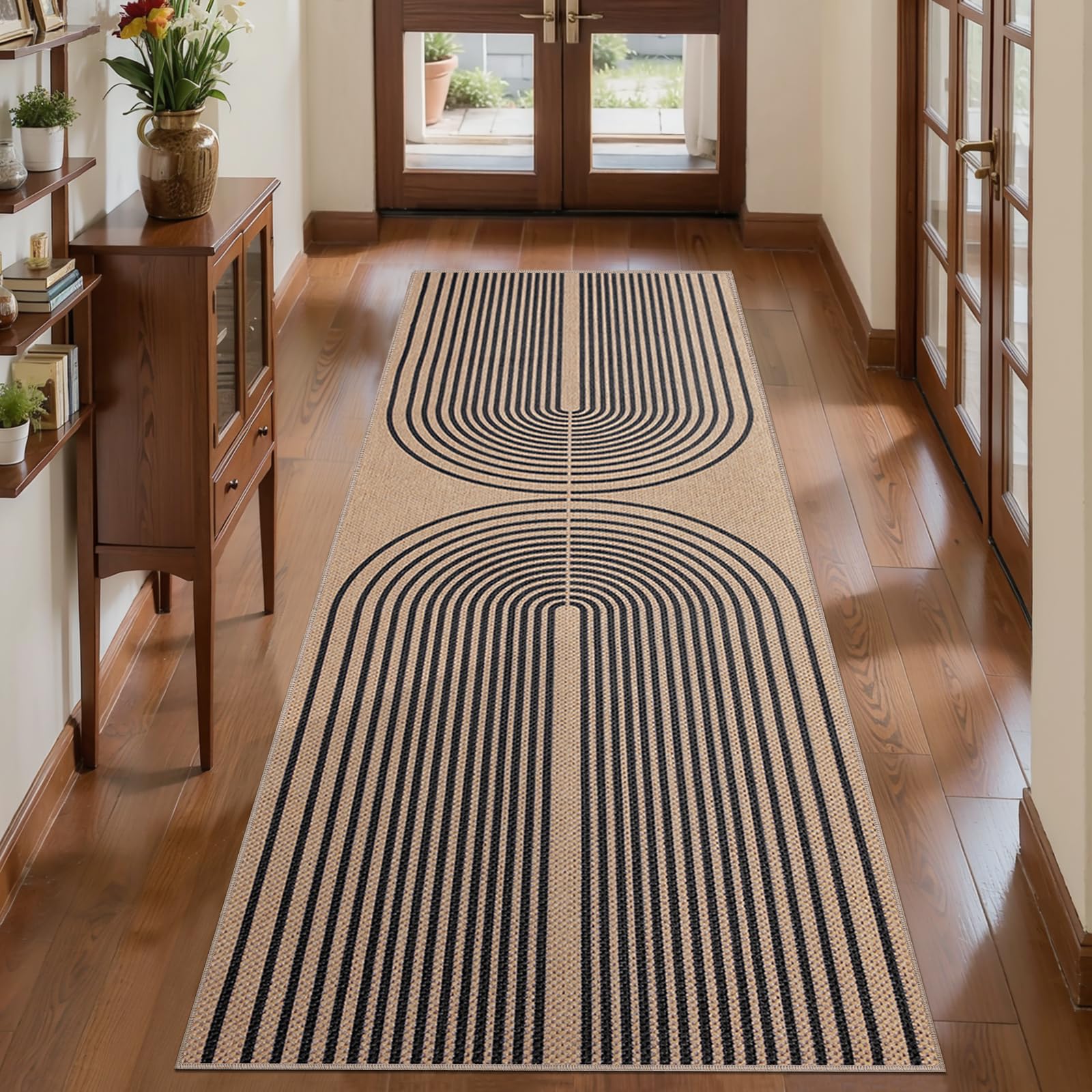 Tangsoo Rainbow Easy Jute Rug 5x7 Large Washable Area Rug for Living Room,Black Non-Slip Thin Outdoor Rug,Modern Farmhouse Indoor Carpet for Dining Room Table Bedroom Patio